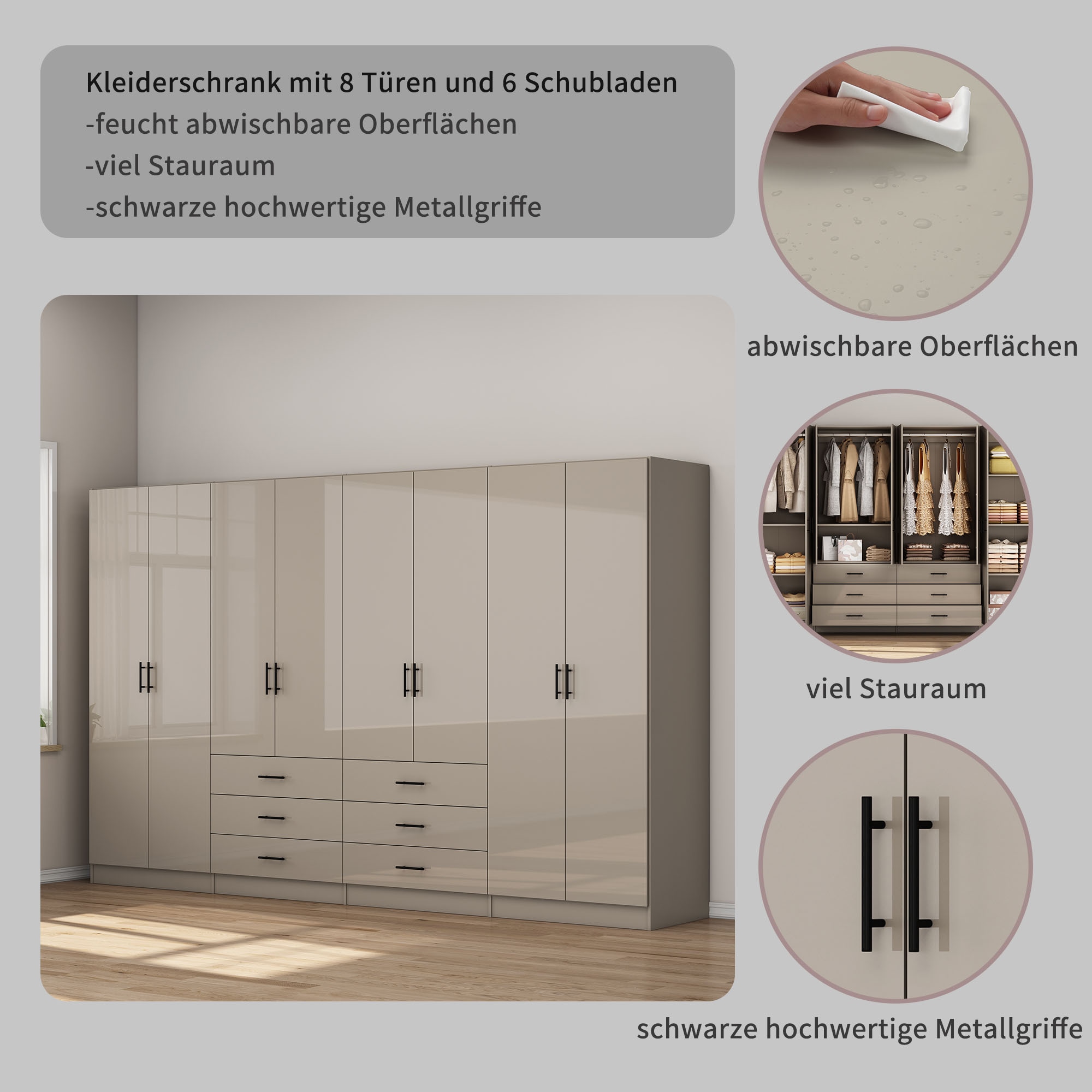 GOODproduct Kleiderschrank »Trento Schlafzimmerschrank Garderobe hochglanz« Schrank mit 8 Türen und 6 Schubladen, hochglänzende Fronten
