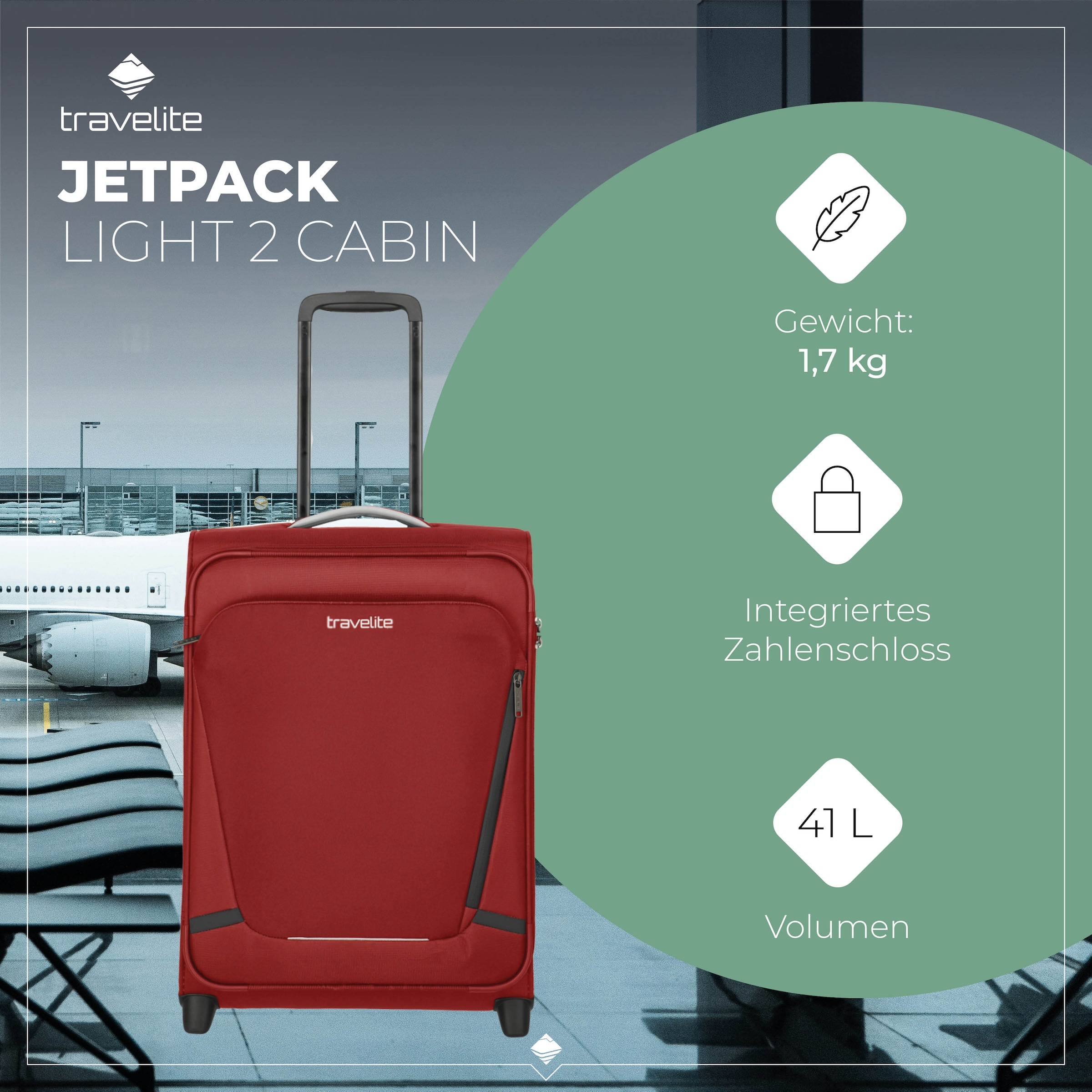 travelite Trolley pour bagages à main »JETPACK Multi Light 2 Cabin Handgepäck Koffer« 41 litre 2 Rollen bagage souple, compatible Ryanair, Condor et de nombreuses compagnies aériennes courantes
