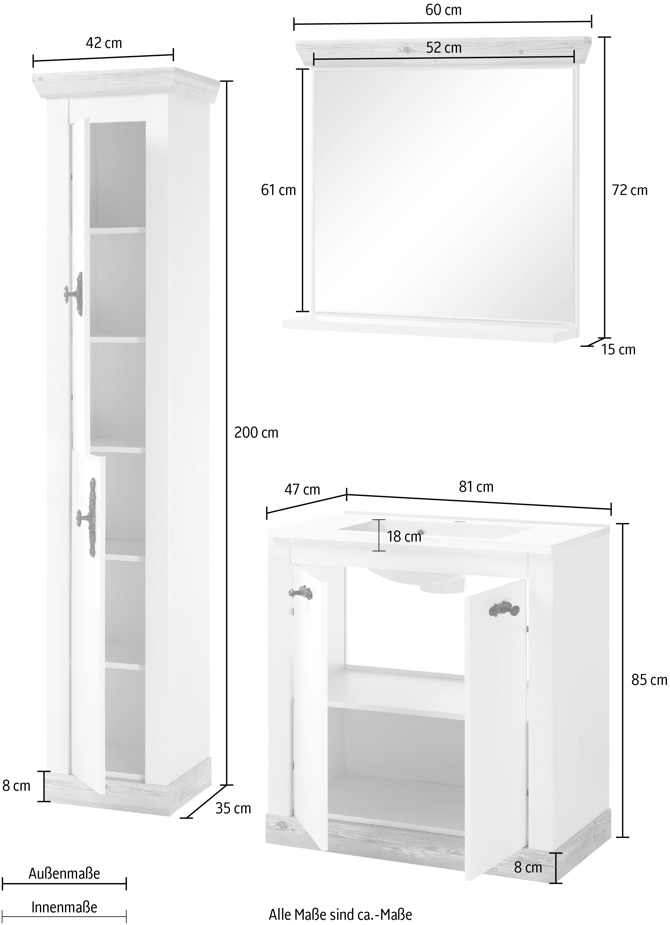 Home affaire Badmöbel-Set »Florenz, Bad im Landhausstil, 3-teiliges Badezimmer«, (3 St.), Waschtisch, Schrank und Spiegel mit Ablage, in Pinie Weiss, Stauraum
