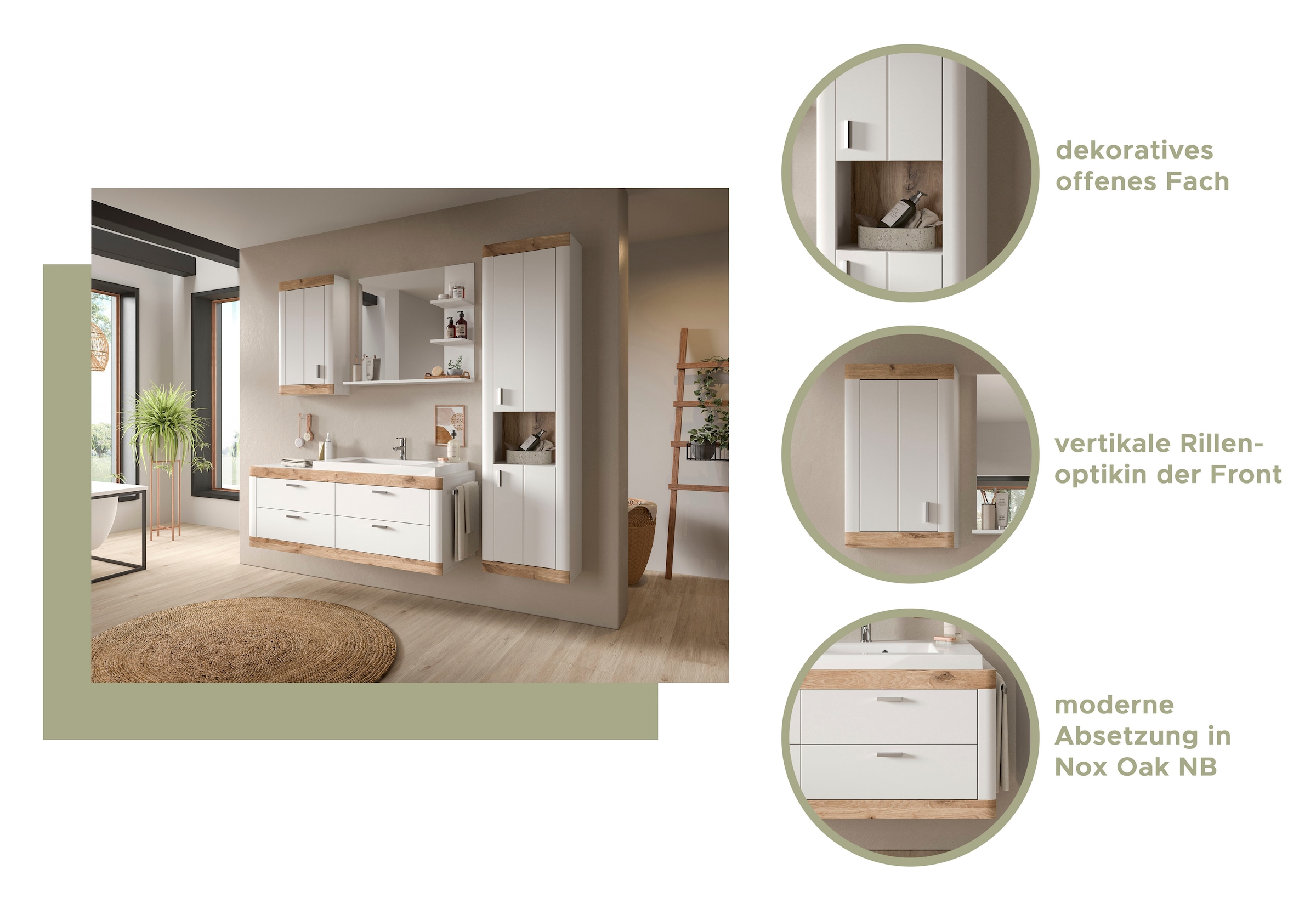 Home affaire Badmöbel-Set »Landsby, 4 teilig, inklusive Mineralguss-Waschbecken, bestehend aus:«, (Set, 4 St.), Waschtisch inkl. Waschbecken, Hängeschrank, Badspiegel, Hochschrank