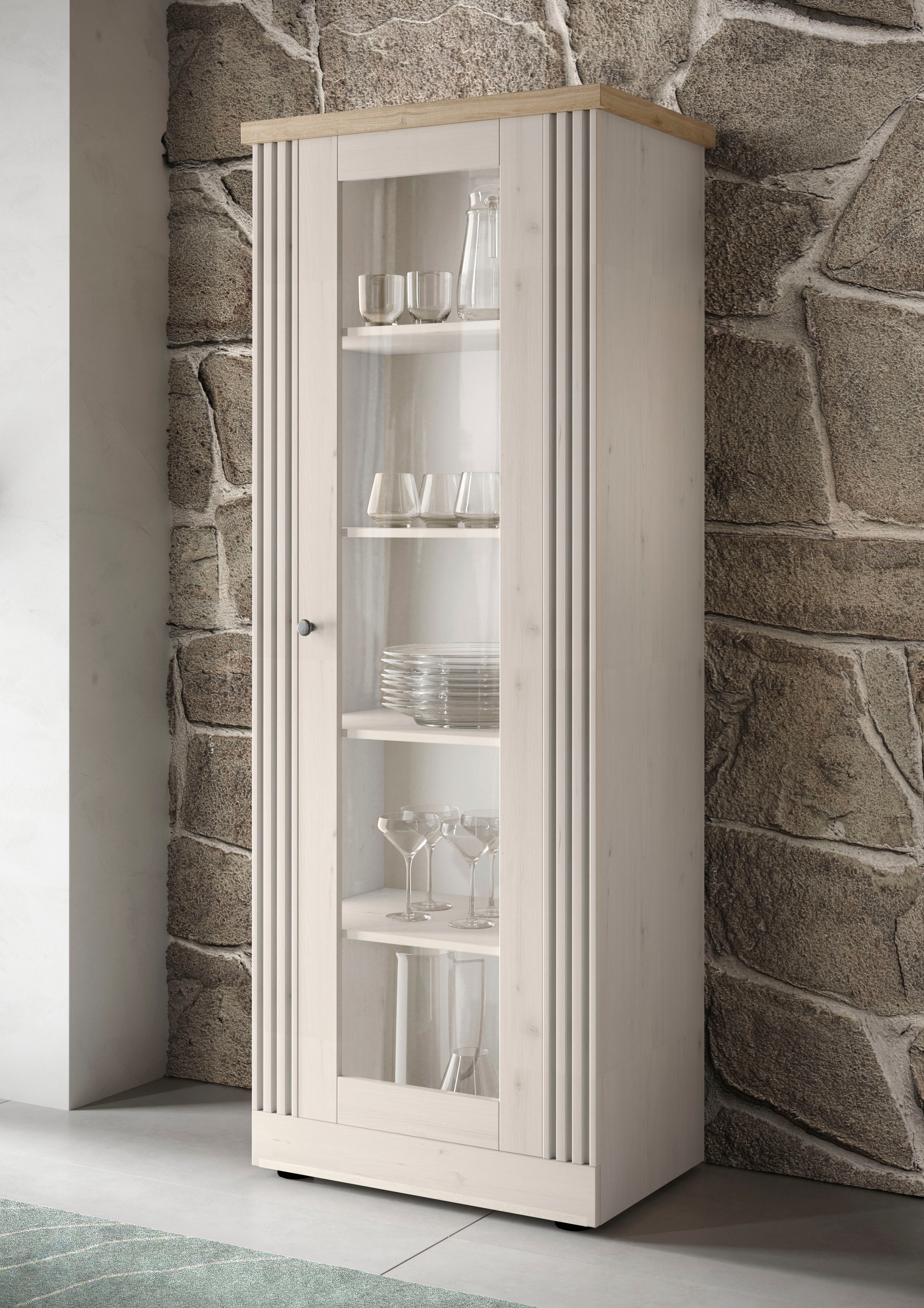 Image of GOODproduct Vitrine "Country Höhe 192 cm, Hochschrank mit 1 Tür, Anrichte, Standvitrine" im Landhausstil, viel Strauraum, mit Metallgriff, MDF Rahmen