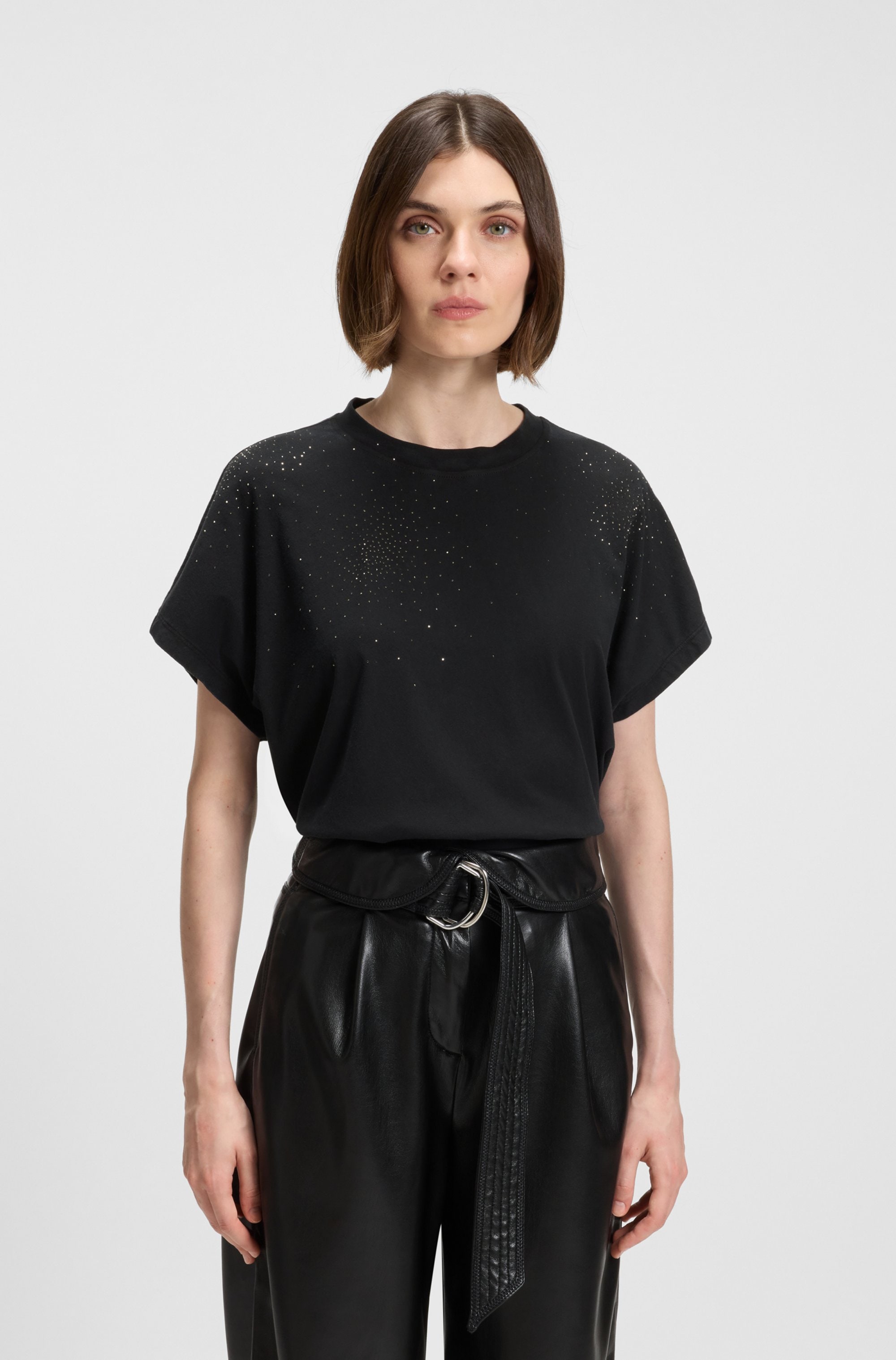 Image of BOSS ORANGE T-Shirt "Emason Hotfix Premium Damenmode" Oversized Fit mit Rundhals, Glitzer-Applikation