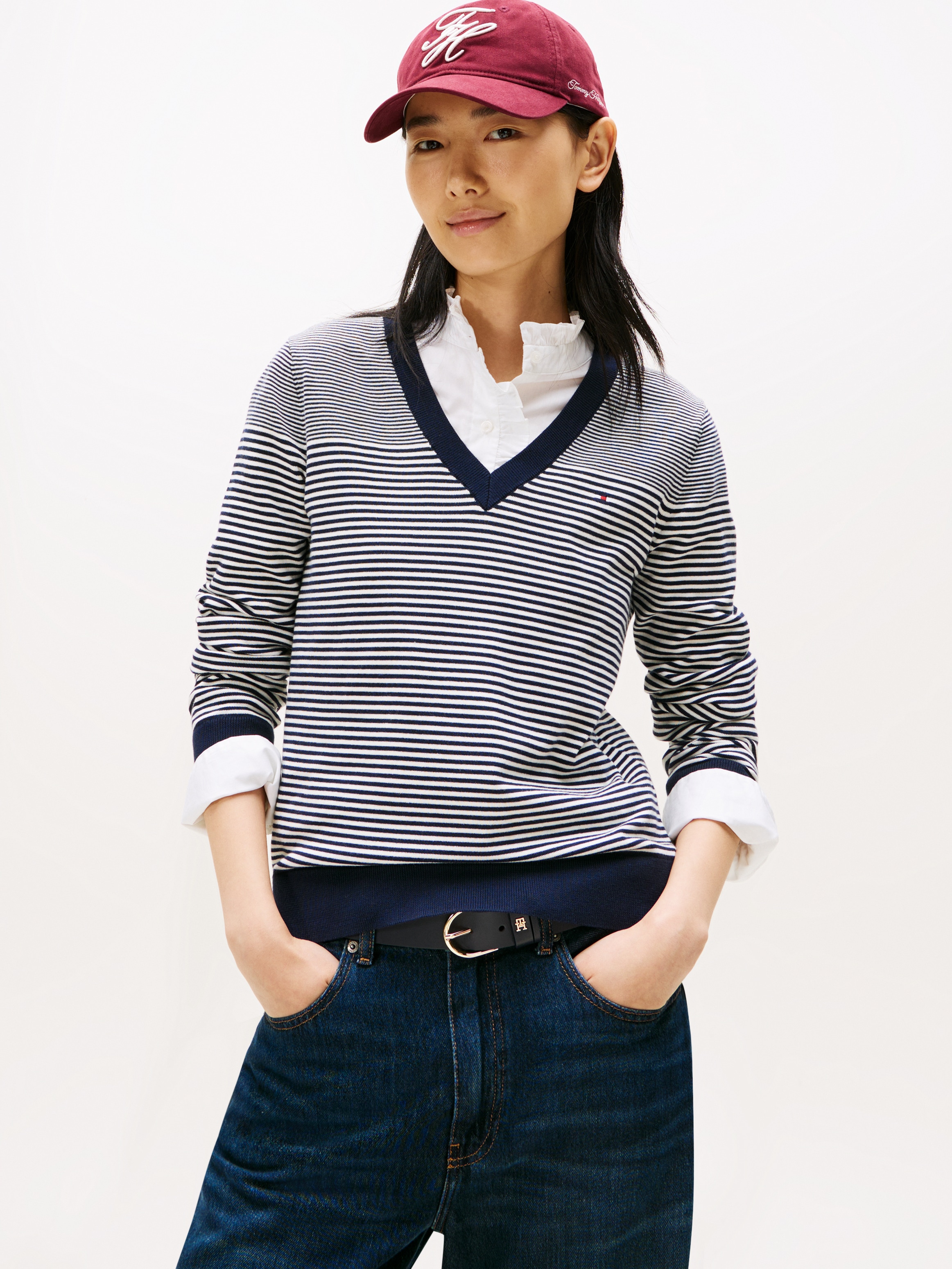Image of Tommy Hilfiger V-Ausschnitt-Pullover "CO JERSEY STITCH V-NK SWEATER mit V-Ausschnitt und Ripp" Baumwollmischung
