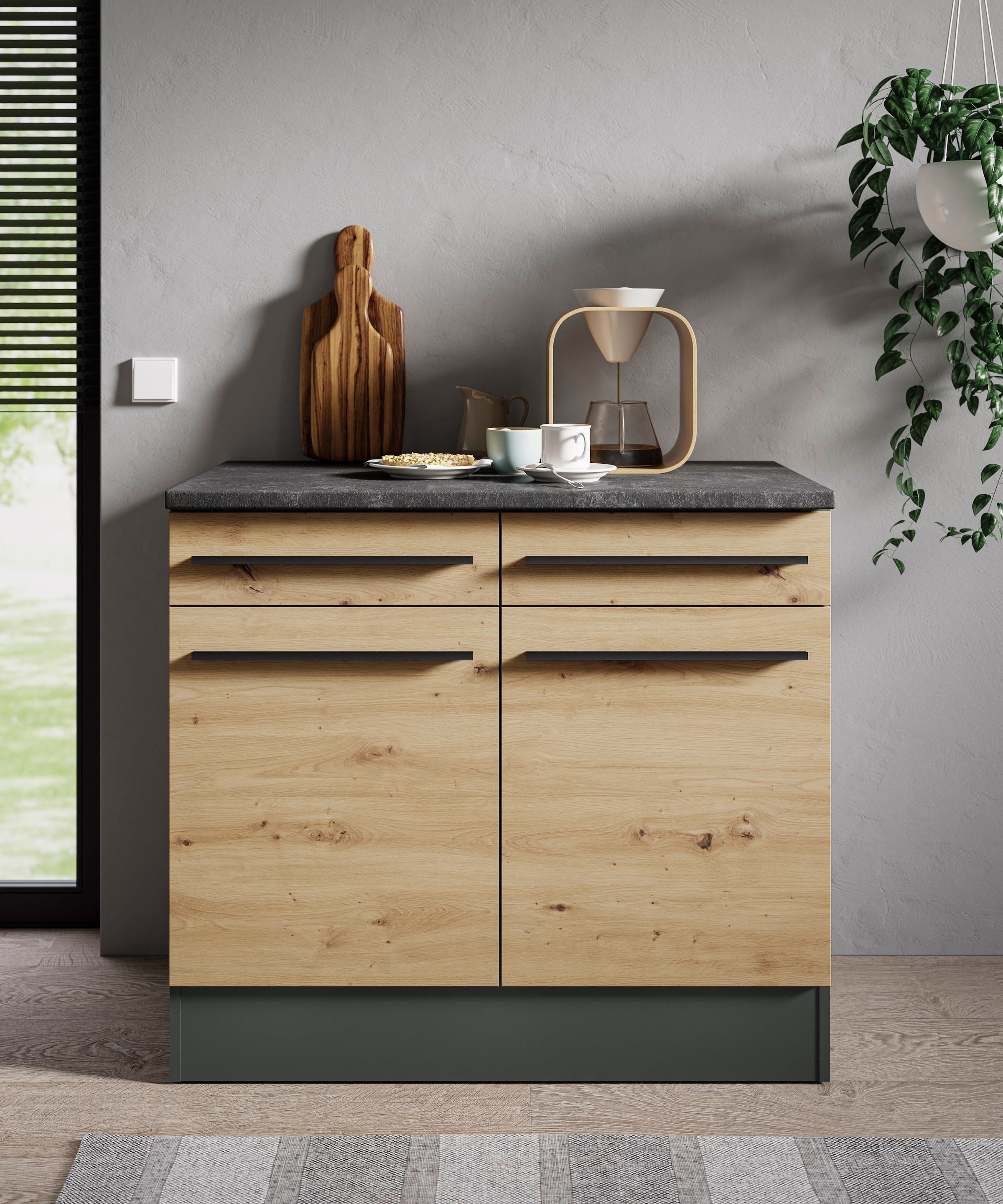 BASIC by Balculina Armoire basse »Jazz 100er Unterschrank, Küschenschrank BxHxT 100x90x60 cm« 1 cuis tlg. meuble bas avec 2 portes, 2 tiroirs et 2 étagères