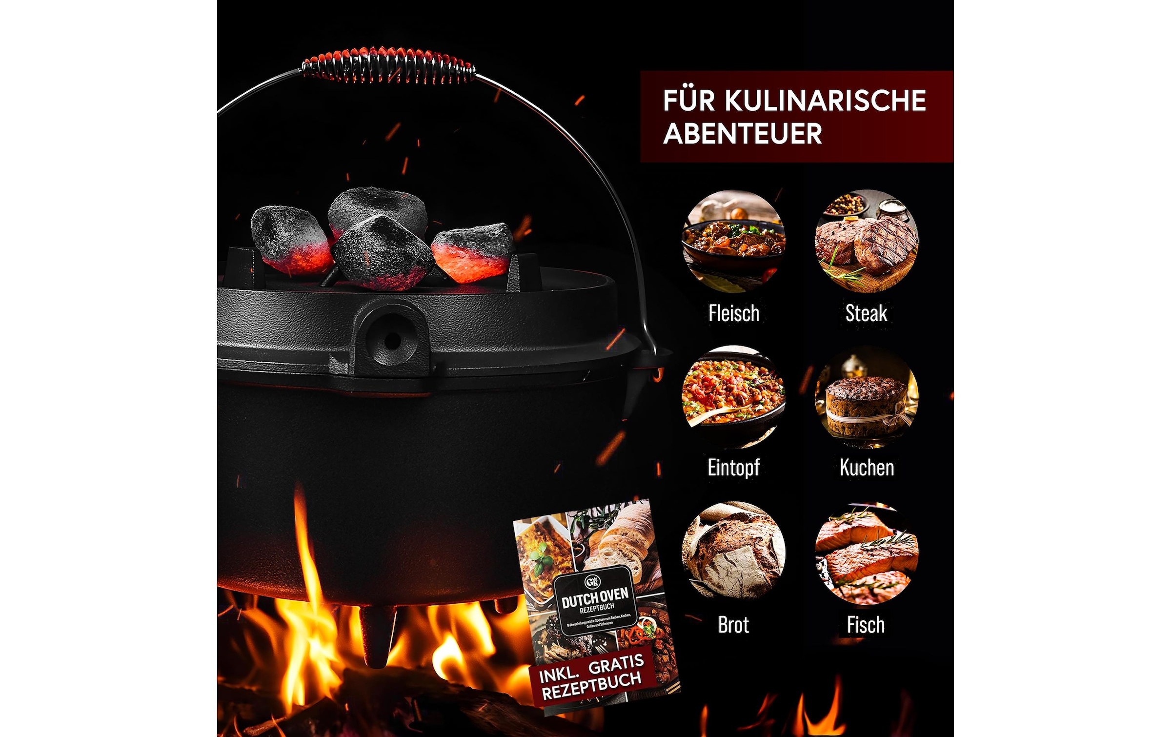   Marmite à barbecue »Gusskoenig Dutch Oven Set 9 l mit Deckelheber, Bürste« Set mit 2in1 Deckelheber und Reinigungsbürste