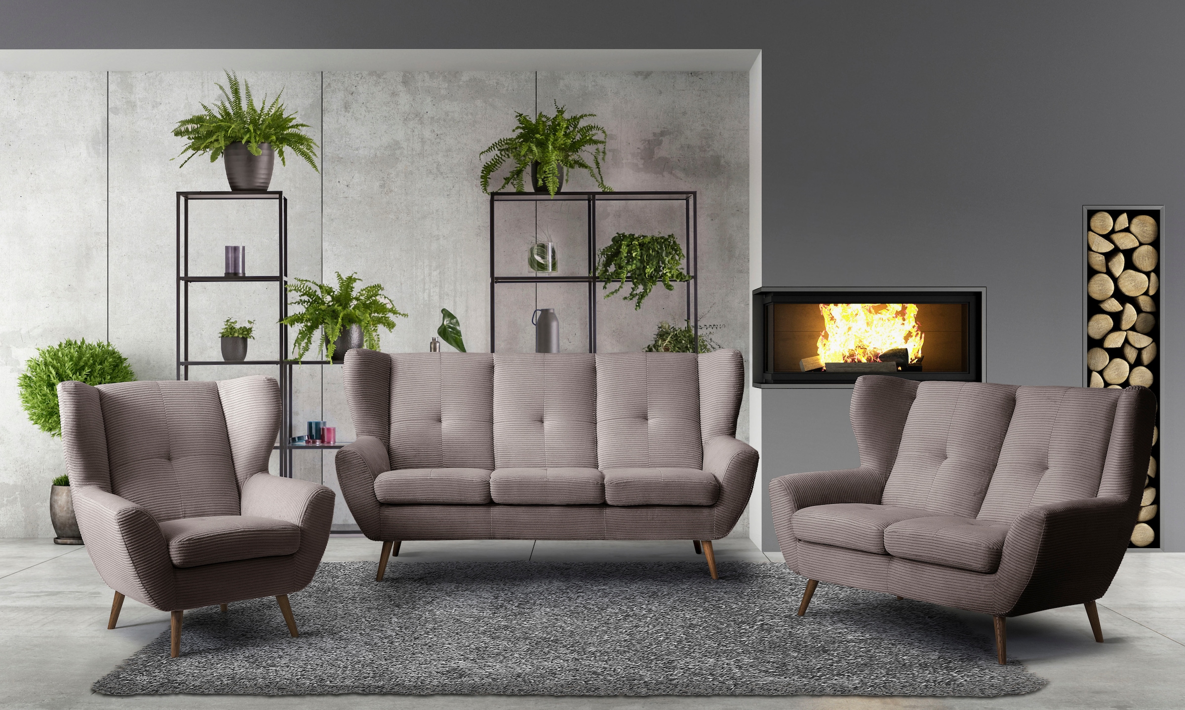 exxpo - sofa fashion 2-Sitzer »ALVESTA, Loungesofa, Küchensofa, hoher Sitzkomfort, Ohrenbackensofa«, gemütliche Rückenlehne, mit Knopfheftung und hohen Holzfüssen, in Cord