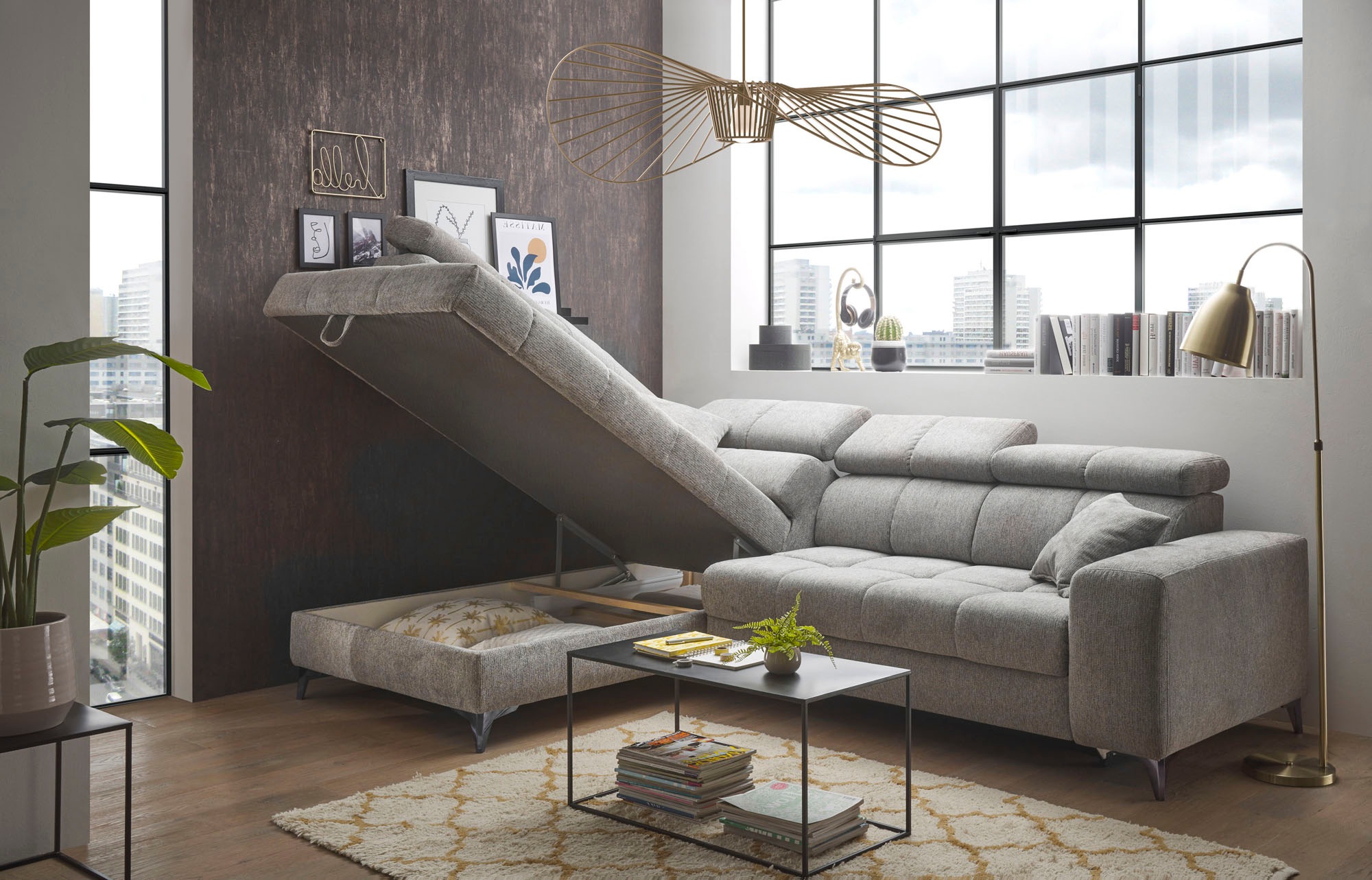 ED EXCITING DESIGN Ecksofa »Sydney L-Form« motorischer Sitztiefenverstellung, USB-Port & 2 Zierkissen