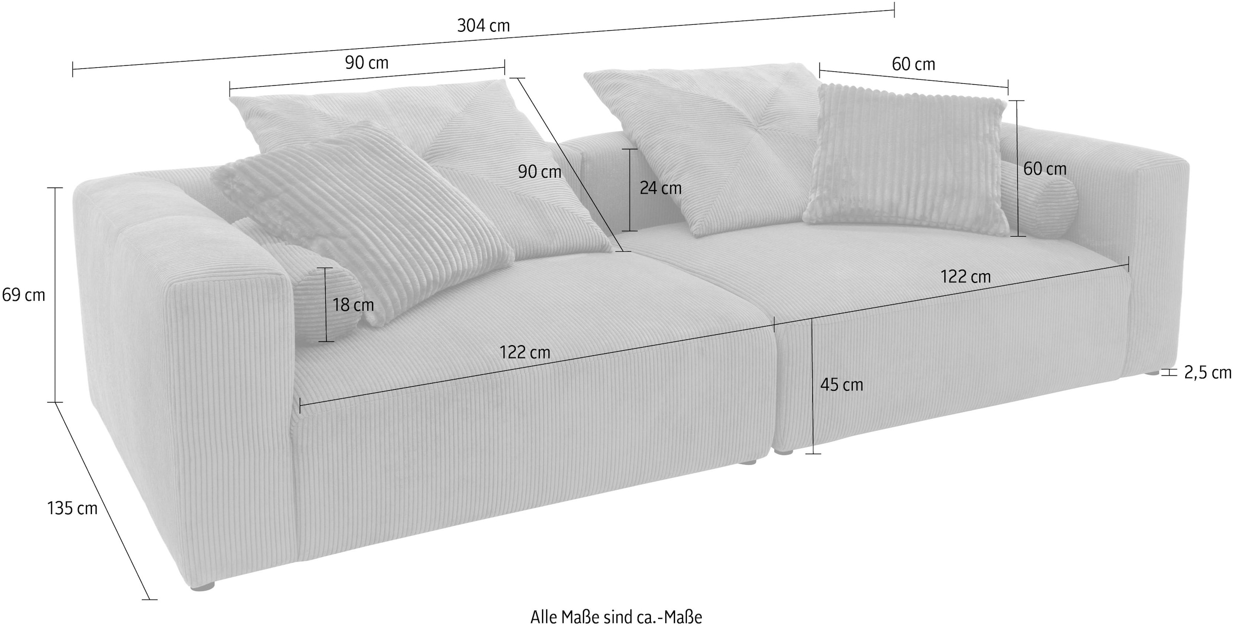 INOSIGN Big-Sofa »Suyana mit Federkern, B/T/H: 304/135/69 cm, Zierkissen + Kissenrollen«, grosszügiges, gemütliches Megasofa, viel Platz zum Relaxen, Cord-Bezug