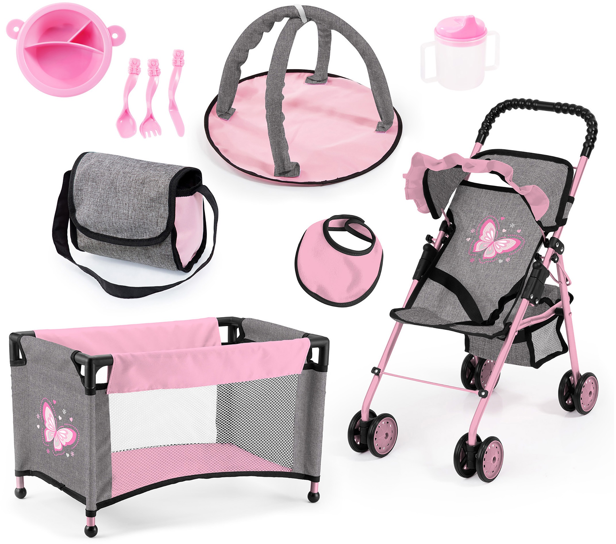 Image of Bayer Puppenbuggy »grau/rosa«, (Set), mit Puppenbett, Wickeltasche, Geschirr, Flasche, Latz und Spielbogen bei Ackermann Versand Schweiz