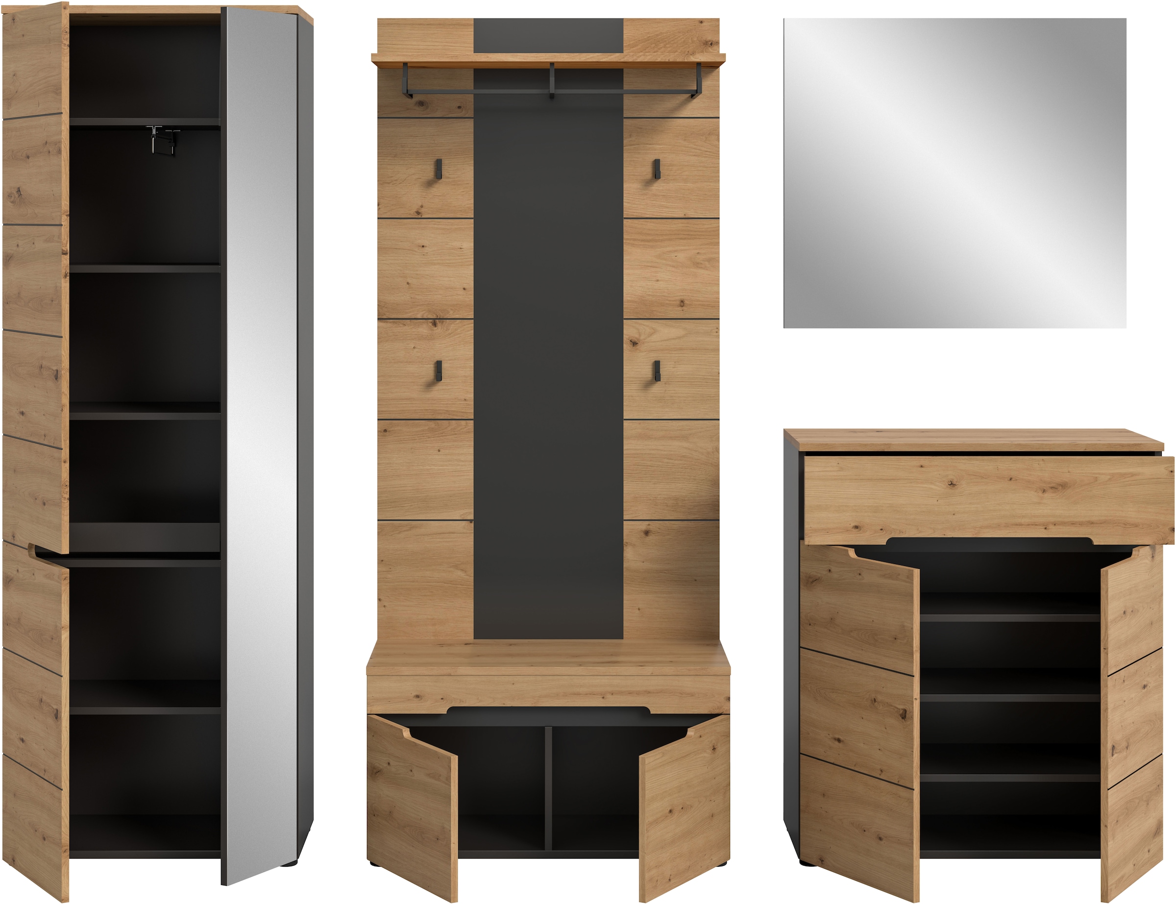 Home affaire Garderoben-Set »REHAT, TOPSELLER!, 5-teilig, Breite 255cm, individuell erweiterbar« Set, bestehend aus: Garderobenschrank, Sitzbank, Paneel, Spiegel, Kommode, 5 Stk. tlg.