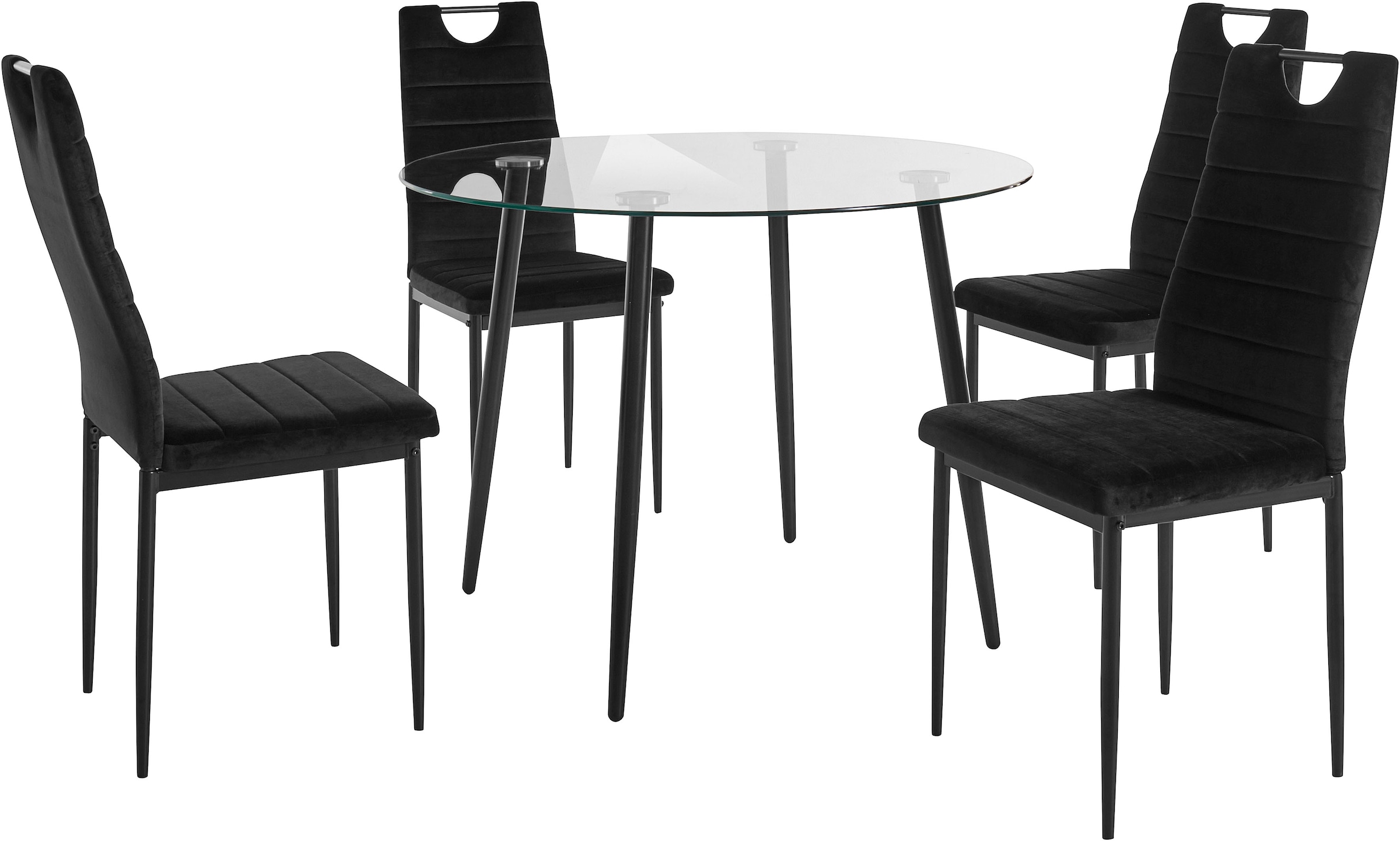 INOSIGN Essgruppe, (Set, 5 tlg.), runder Glastisch, Ø 100 cm und 4 Esszimmerstühlen, Bezug aus Samtstoff