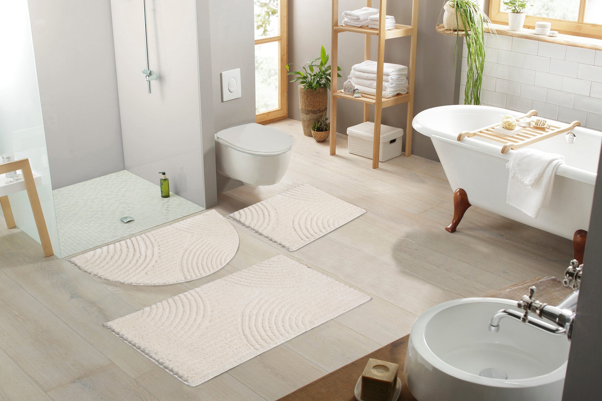 my home Badematte »Ognon, Scandi, Boho, modernes Muster«, rutschhemmend beschichtet, fussbodenheizungsgeeignet-schnell trocknend-strapazierfähig, Badteppich, Uni Farben, Hoch-Tief-Effekt
