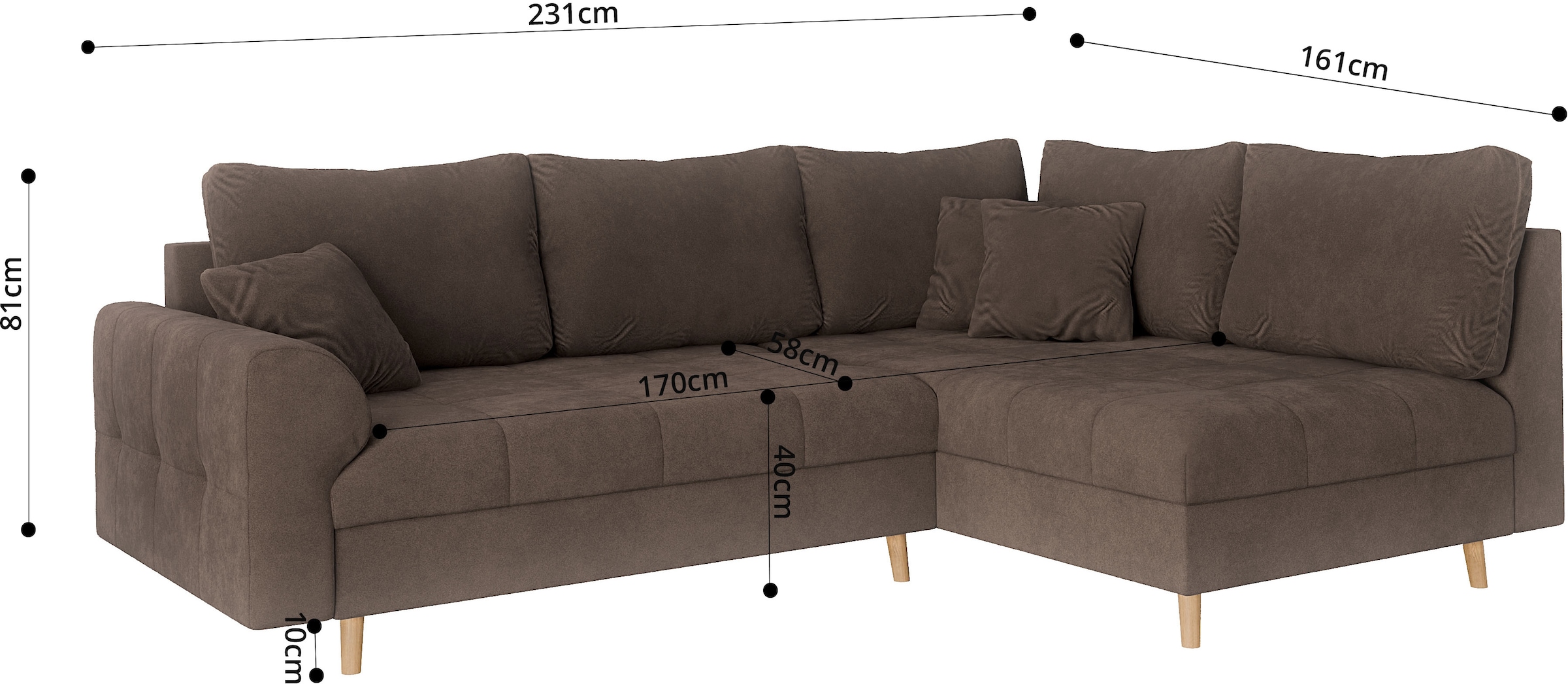 Home affaire Ecksofa »CHARRE L-Form mit Ottomane, Masse B/T/H: 231/161/81 cm«, feine Steppung, lose Rücken- und Zierkissen, auch in Cord und Bouclé