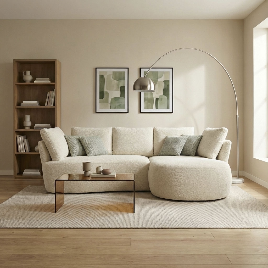 DOMO collection Canapé d'angle »Lumin, B/T: 267/170 cm, abgerunde Form, charmantes Design, cozy chic« Équipé de ressorts ensachés et de 5 coussins dorsaux