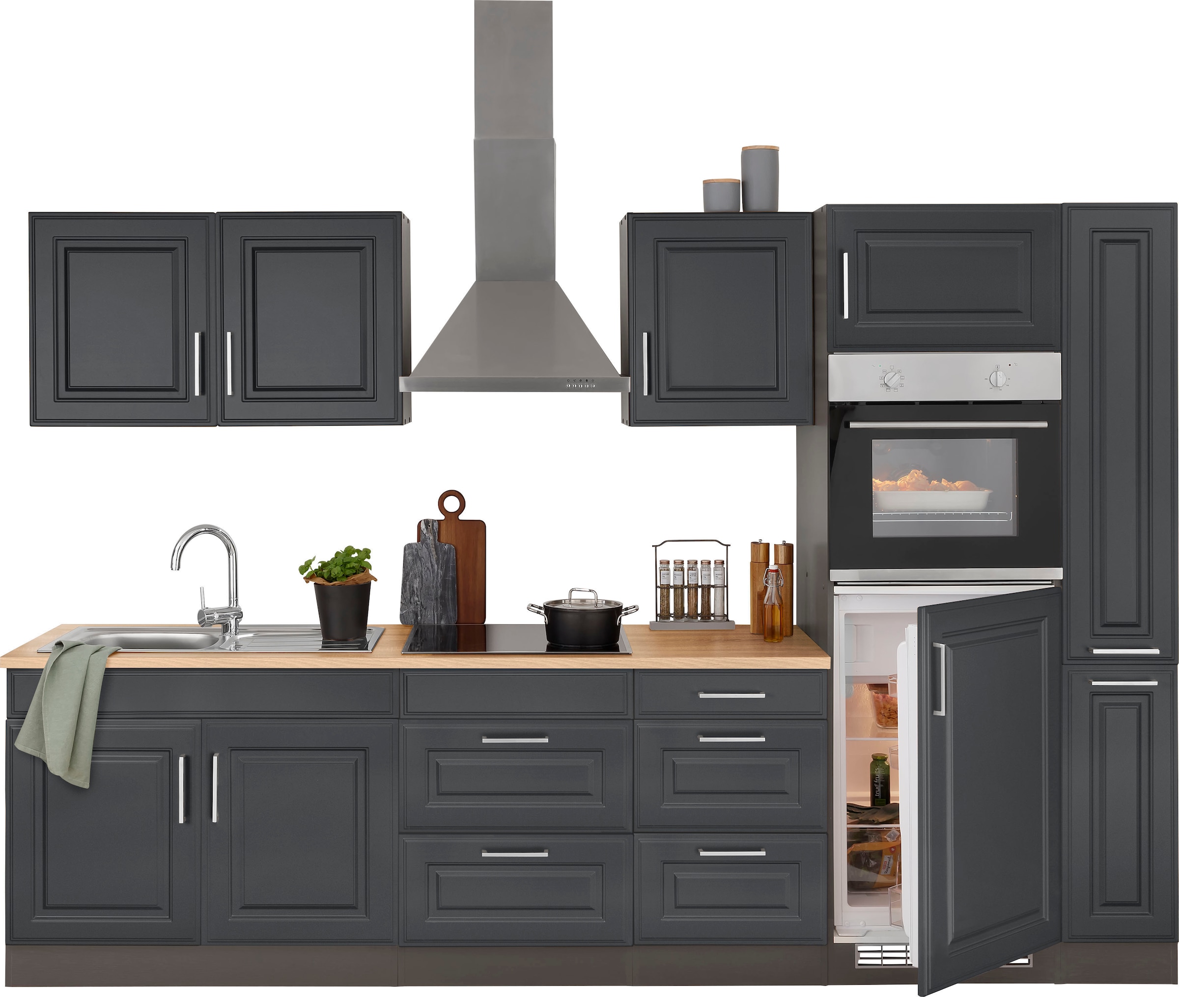 KOCHSTATION Kitchenette »KS-Stockholm – Küche mit hochwertiger und detailreicher Landhausfront« Largeur 300 cm, avec appareils E en option, avec façades MDF