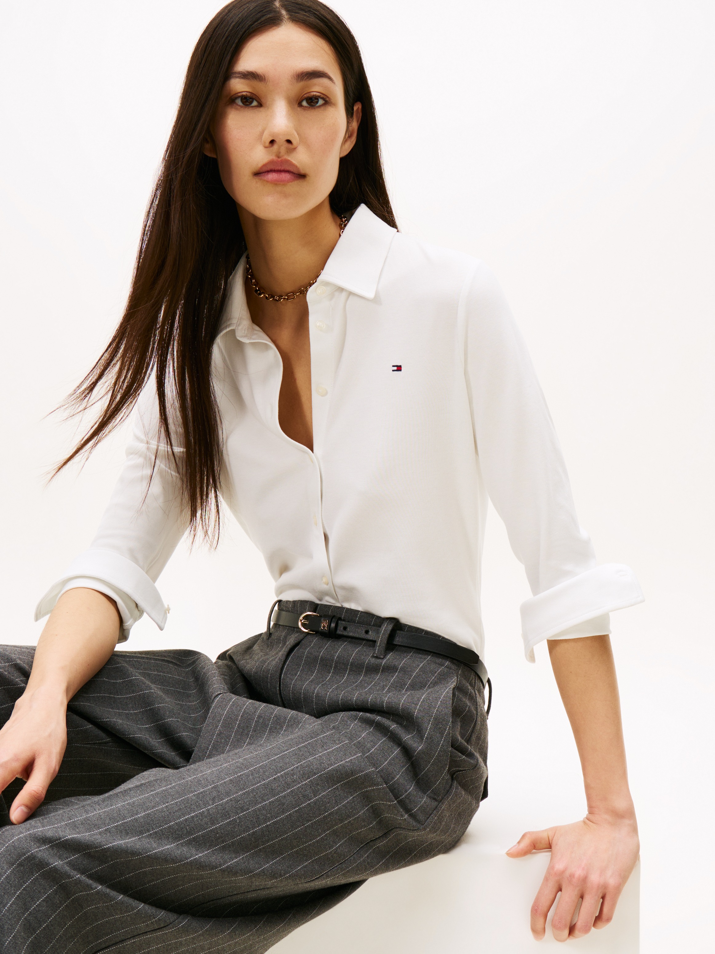 Tommy Hilfiger Poloshirt »1985 SLIM PIQUE BTN DOWN LS mit Polokragen und Label« Baumwollmischung, slim fit