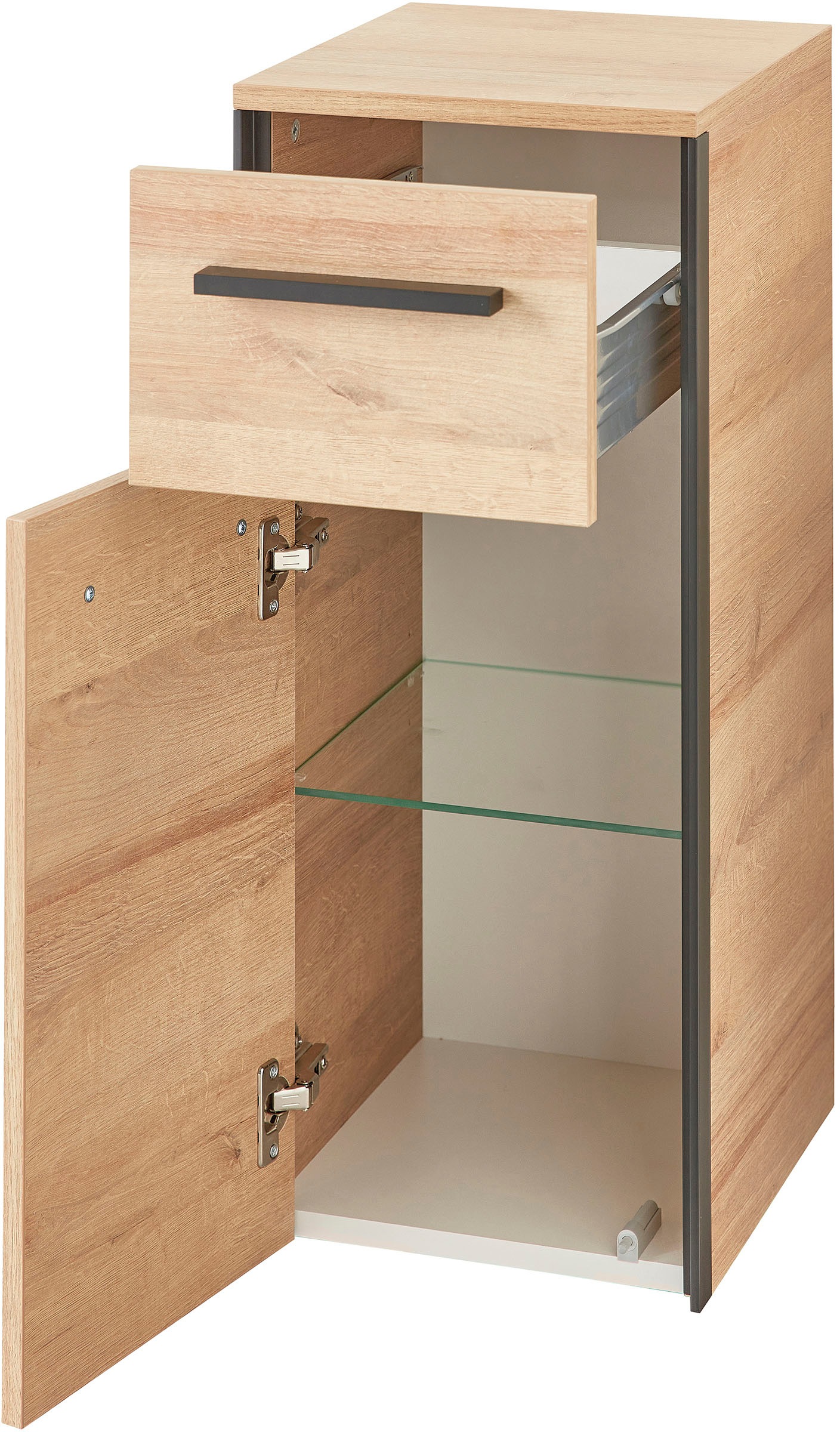 Saphir Armoire basse »Quickset 395 Badschrank, 1 Tür, 1 Schublade, 30cm breit, Griff Schwarz« meubles de salle de bain incl. amortisseurs de porte, imitation chêne Riviera horizontal
