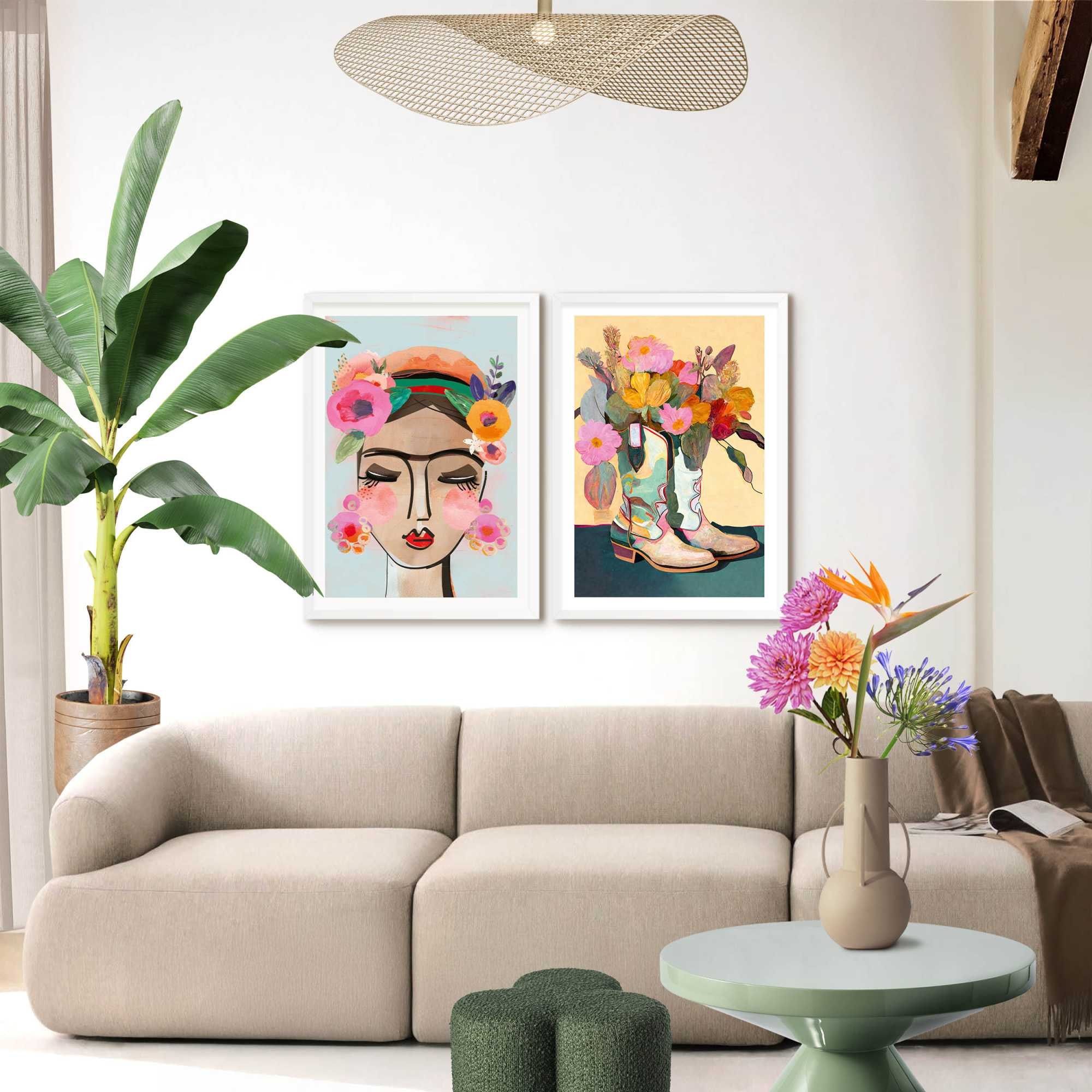 Image of Reinders Bild mit Rahmen "Blossom Stiefel" Blumen 2 Stk. tlg. Wohnzimmer - Mehrfarbig - MDF - Blumen und Pflanzen - 50x70 cm