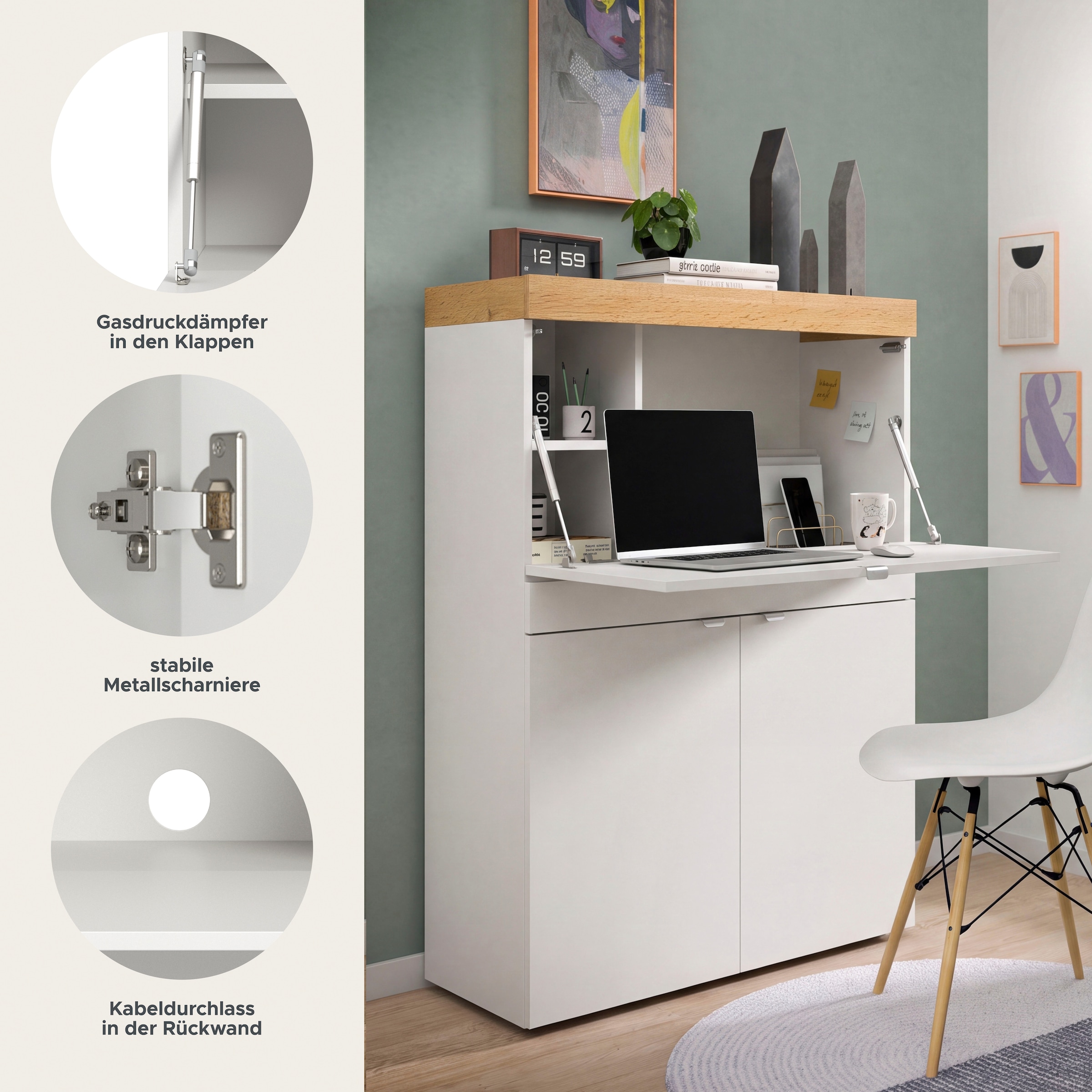 GOODproduct Sekretär »MAMBO, Höhe 122cm, 2 Türen, 1 Schubkasten, 1 Klappe« Home-Office-Schreibtisch, PC-Schrank, Schreibtisch, Office