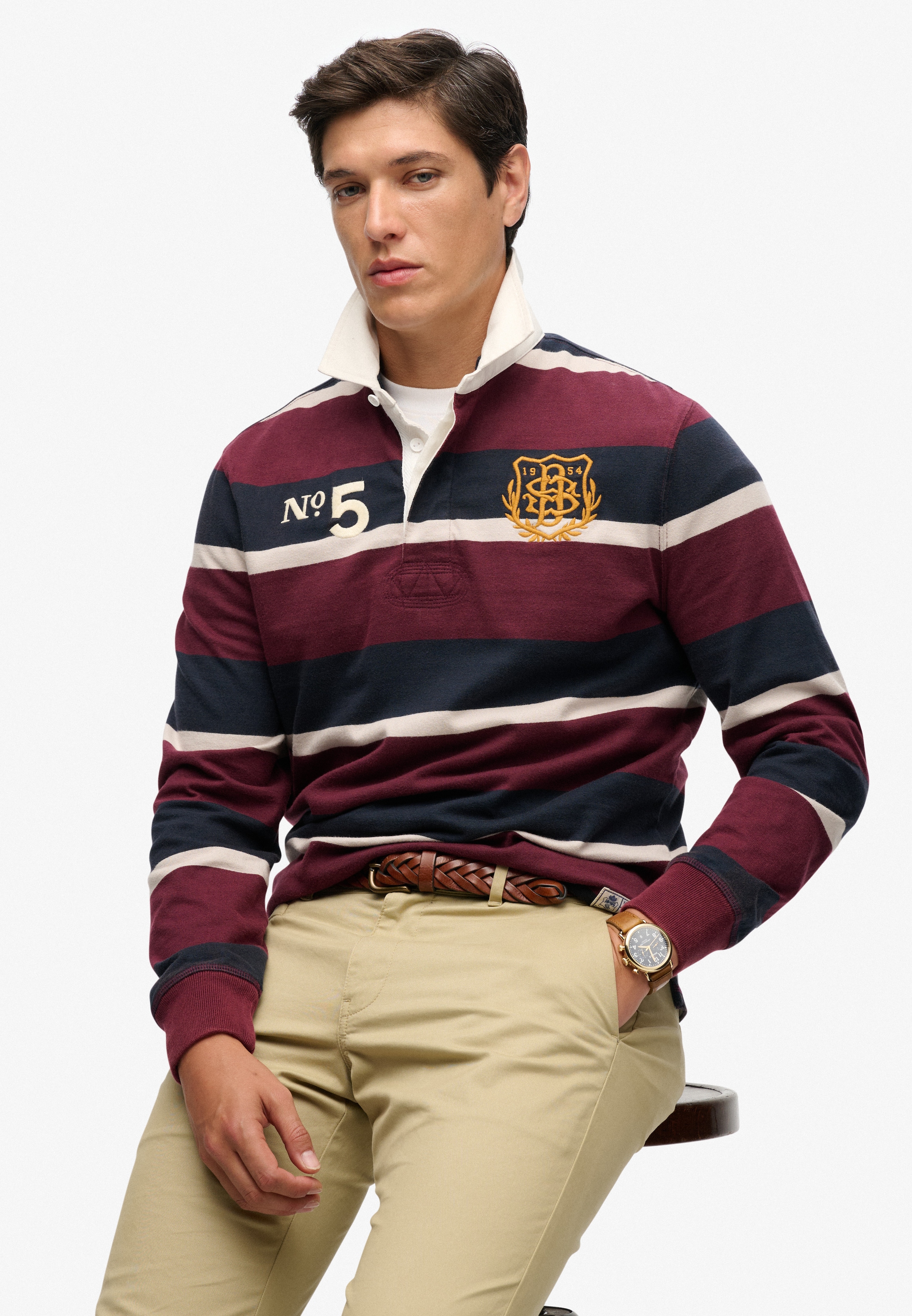 Superdry T-shirt à manches longues »DOUBLE EMBLEM STRIPE RUGBY« aus Baumwolle und Single Jersey, Relaxed Fit, gestreifte Optik