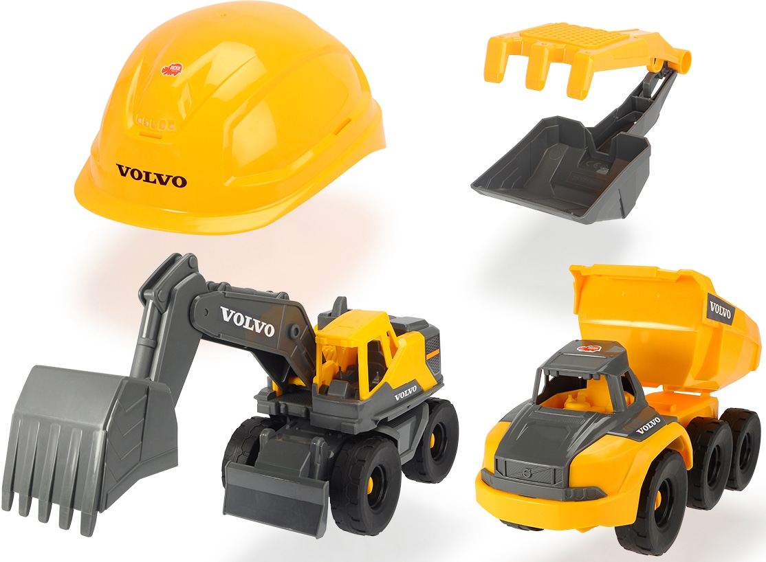 Image of Dickie Toys Spielzeug-Helm »Volvo Construction Playset«, mit Schaufel/Rechen und 2 Baustellen-Fahrzeugen bei Ackermann Versand Schweiz