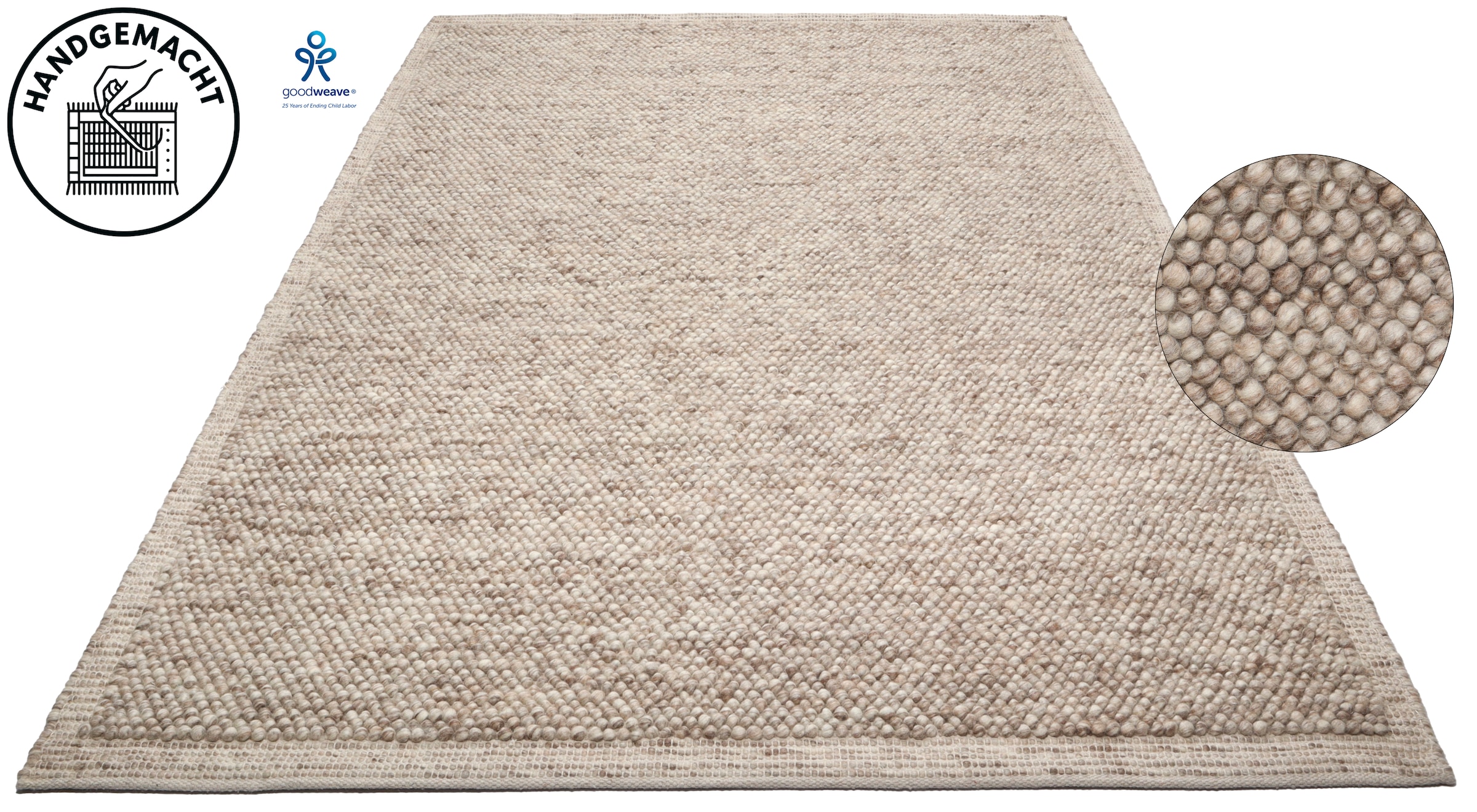 GOODproduct Wollteppich »Wolly Rahmen, handgewebt, Wolle« rechteckig 14 mm Höhe einfarbig, Teppich, Wohnzimmer, Schlafzimmer, Esszimmer