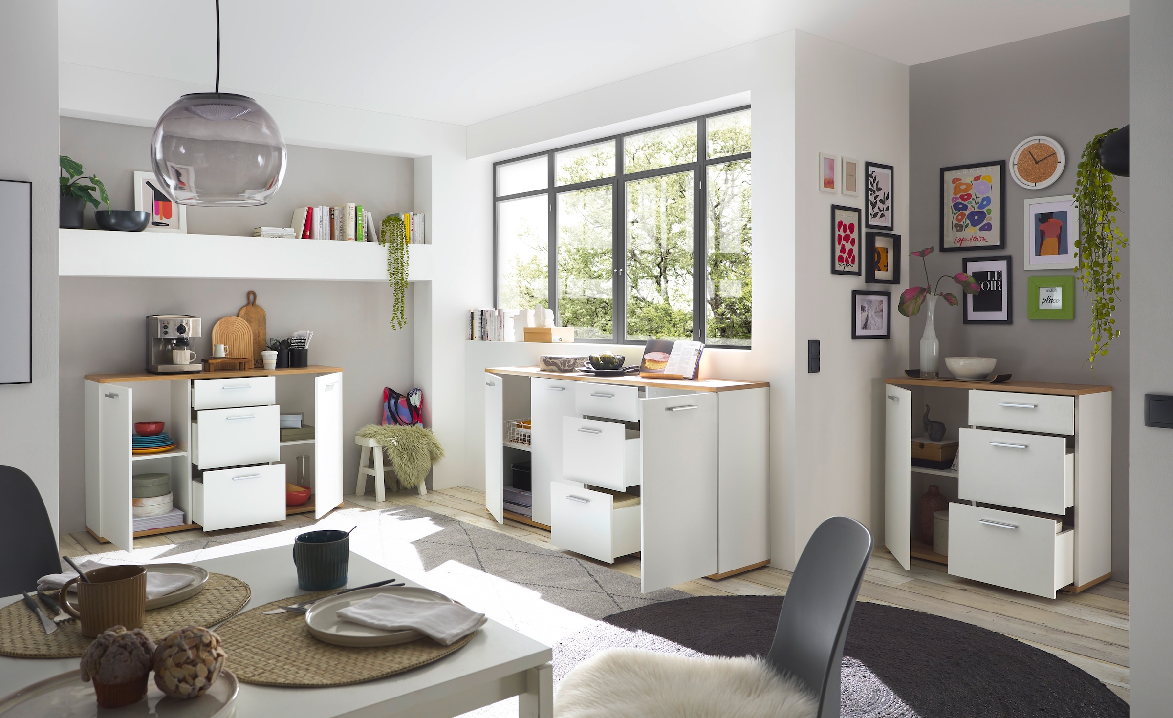 HBZ Kommode »BC1035 weiss matt, BxHxT 180x86x38 cm«, Sideboard mit 3 Türen, 3 Schubkästen, 2 Einlegeböden