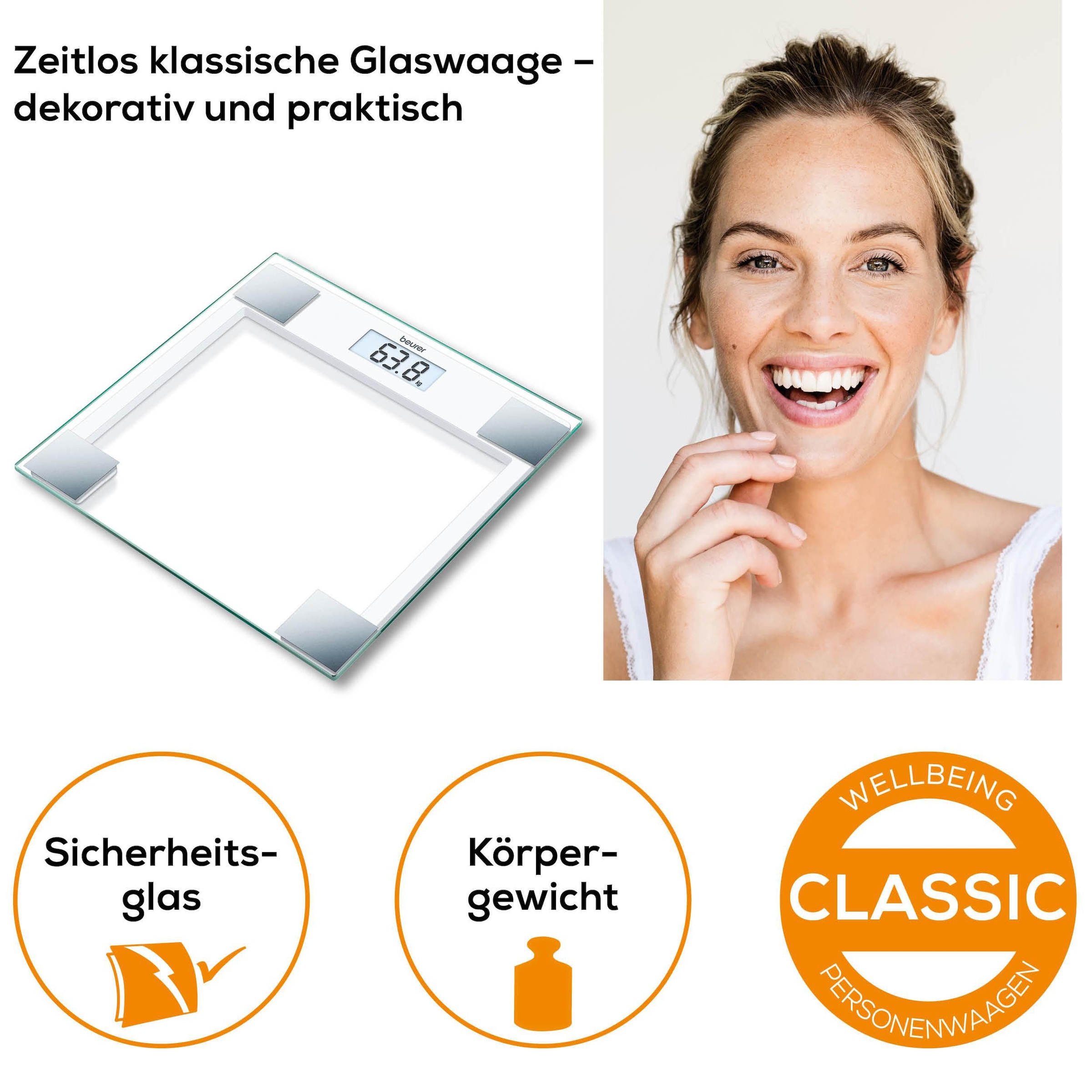 BEURER Personenwaage »GS 14 mit Wiegefläche aus extra klarem Sicherheitsglas« Flache Bauhöhe, Tragkraft bis 150 kg, Überlastungsanzeige