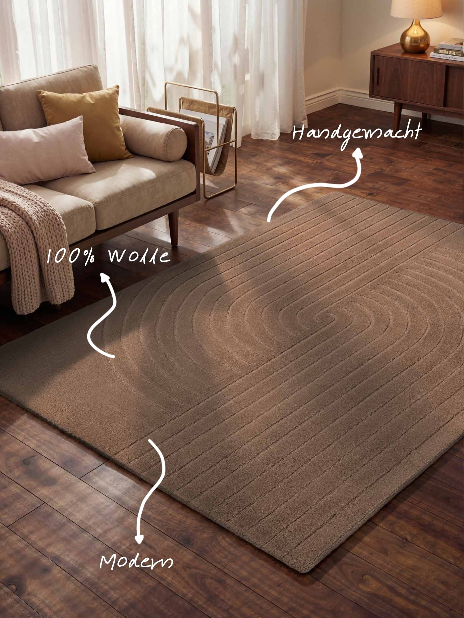 vikosa Wollteppich »Arcura« rechteckig 15 mm Höhe Wolle Handgemacht, Hoch-Tief-Effekt, Geometrisches Linien Wellendesign