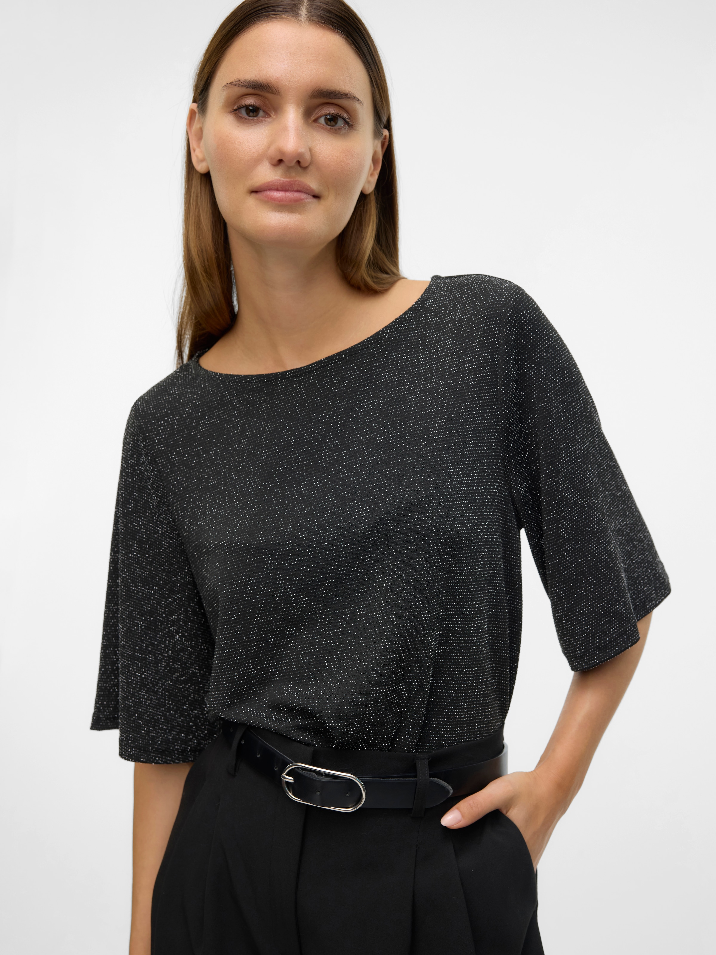 Vero Moda Shirt à col rond »VMKANVA 2/4 GLITTER TOP JRS«, mit Glitzereffekt
