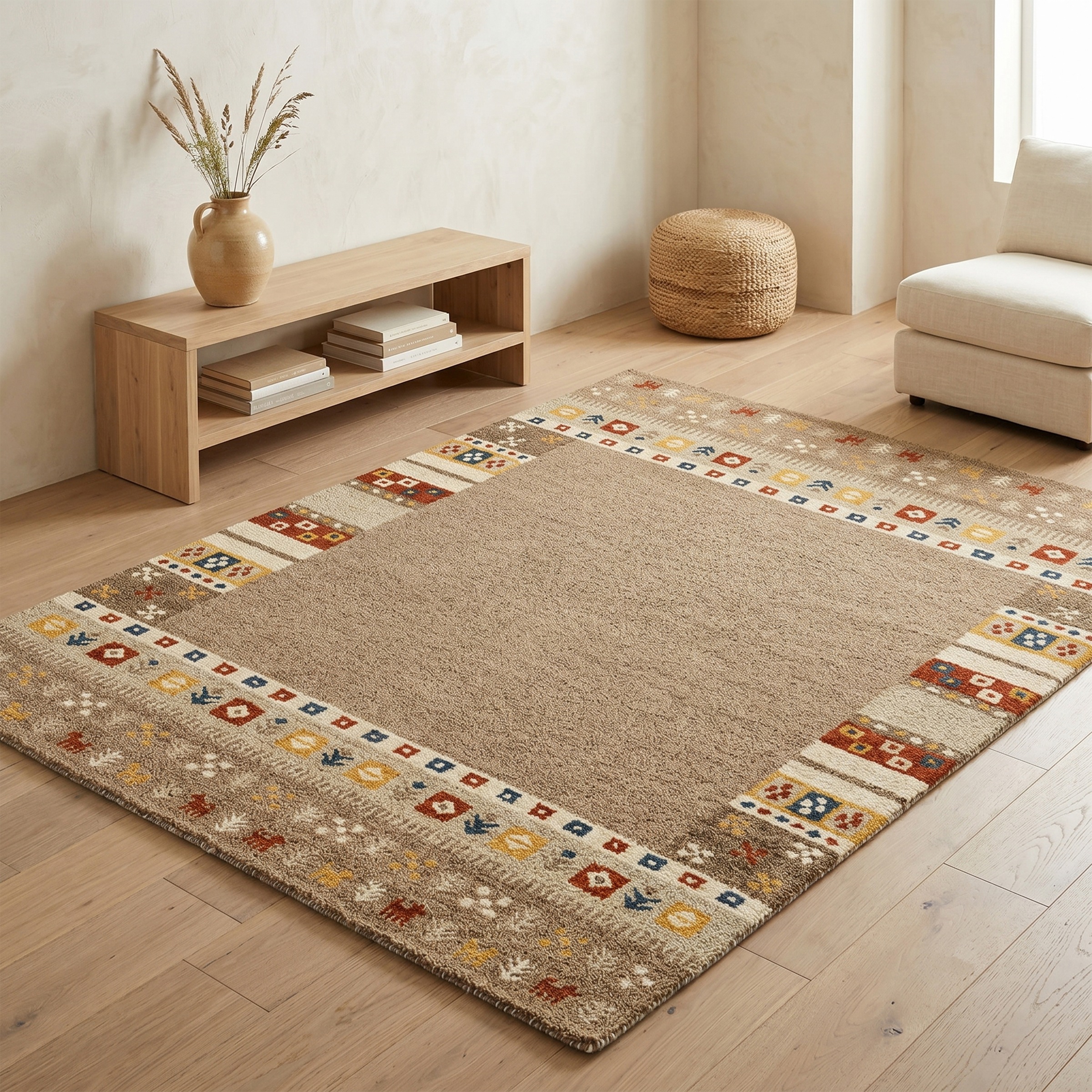THEKO Tapis en laine »Gabbeh Rahmen, reine Wolle, Handgefertigt, mit Bordüre« Rectangulaire 14 mm Höhe Motif animalier, salon, chambre à coucher, salle à manger