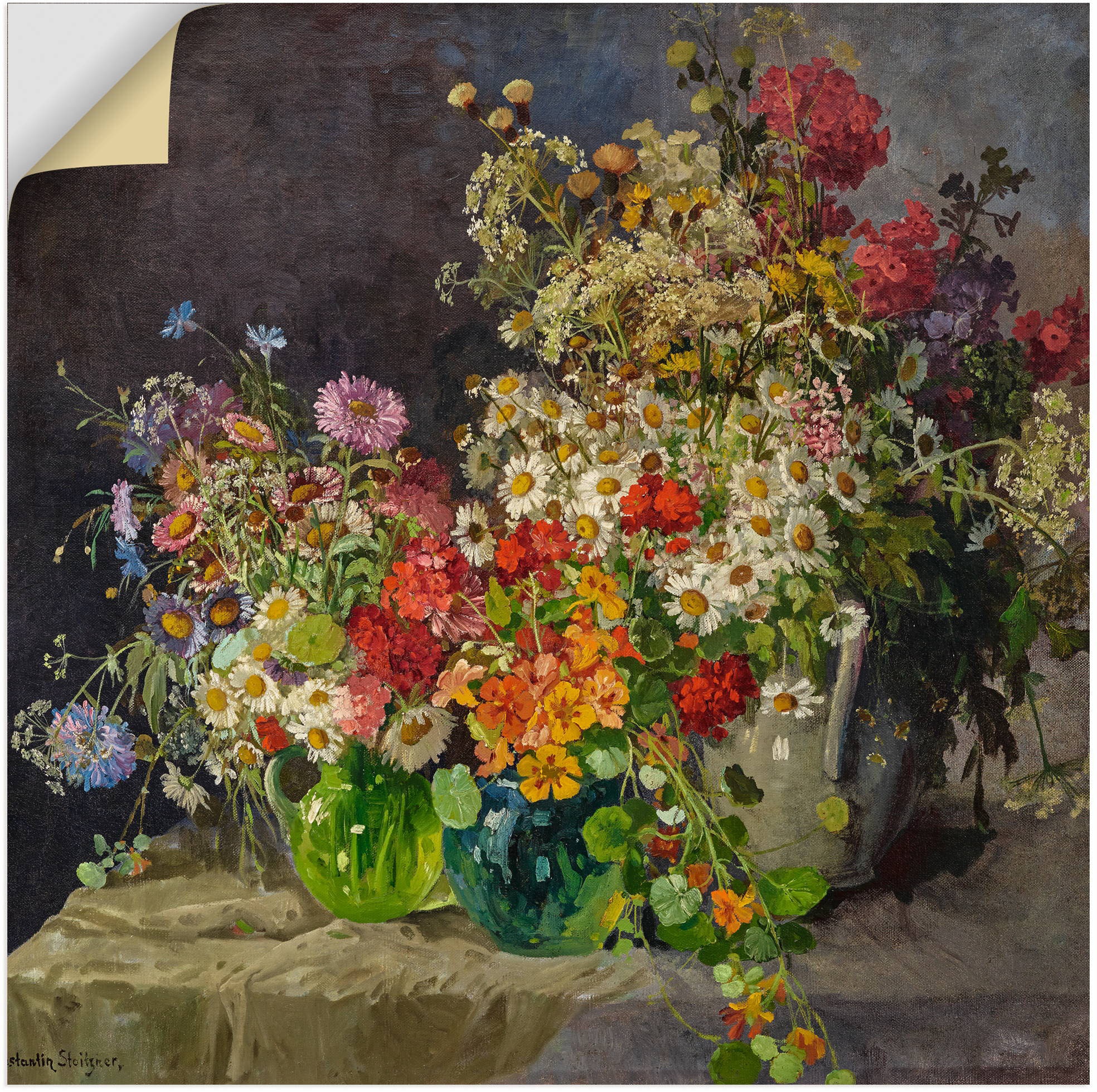 Image of Artland Wandbild »Stillleben mit Wiesenblumen in Krügen.«, Arrangements, (1 St.), in vielen Grössen & Produktarten - Alubild / Outdoorbild für den Aussenbereich, Leinwandbild, Poster, Wandaufkleber / Wandtattoo auch für Badezimmer geeignet bei Ackermann V