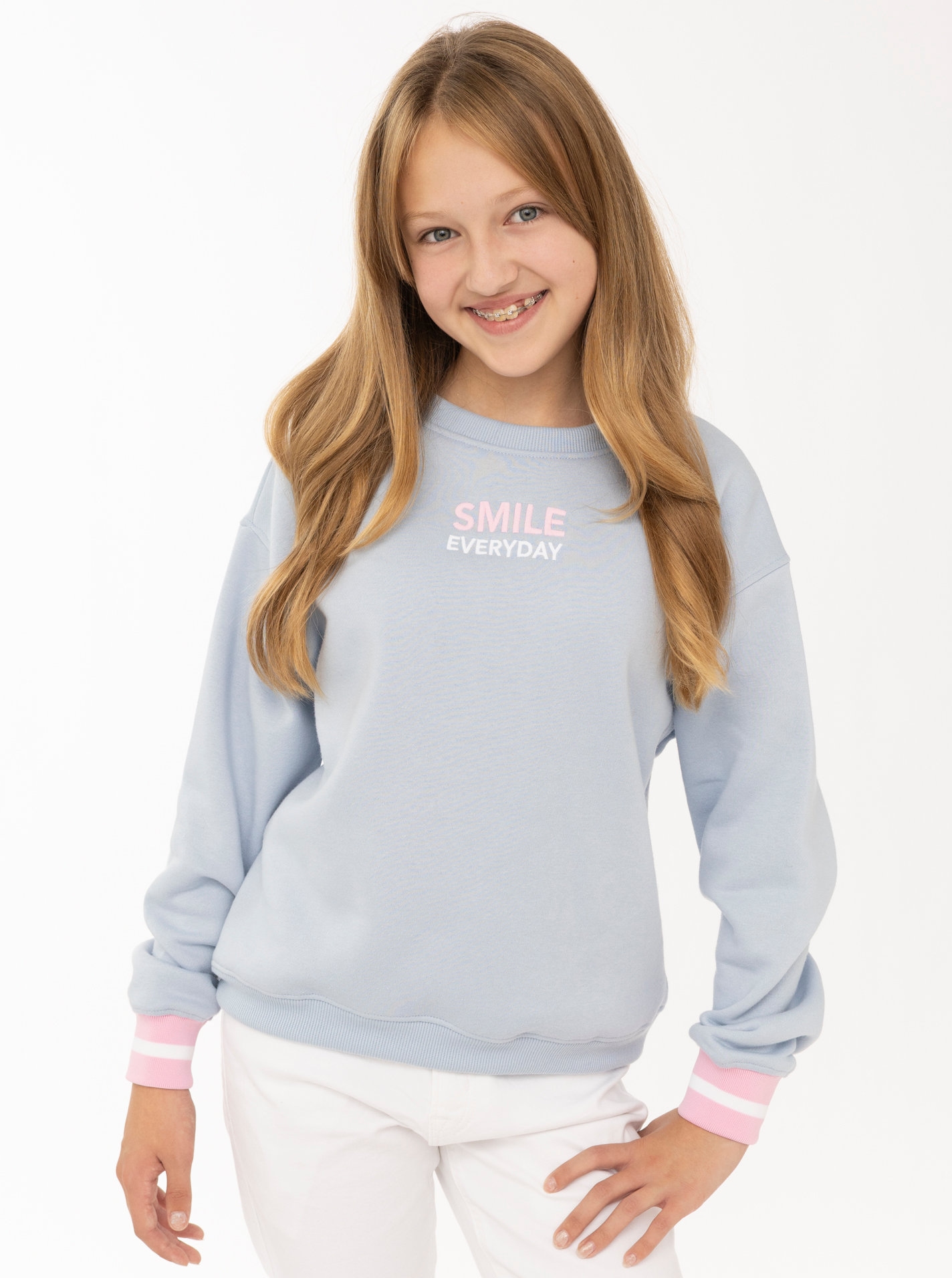 Image of Zwillingsherz Sweatshirt ""SMILE"", gestreifte elastische Bündchen, SMILE Print vorne und hinten, Rundhals