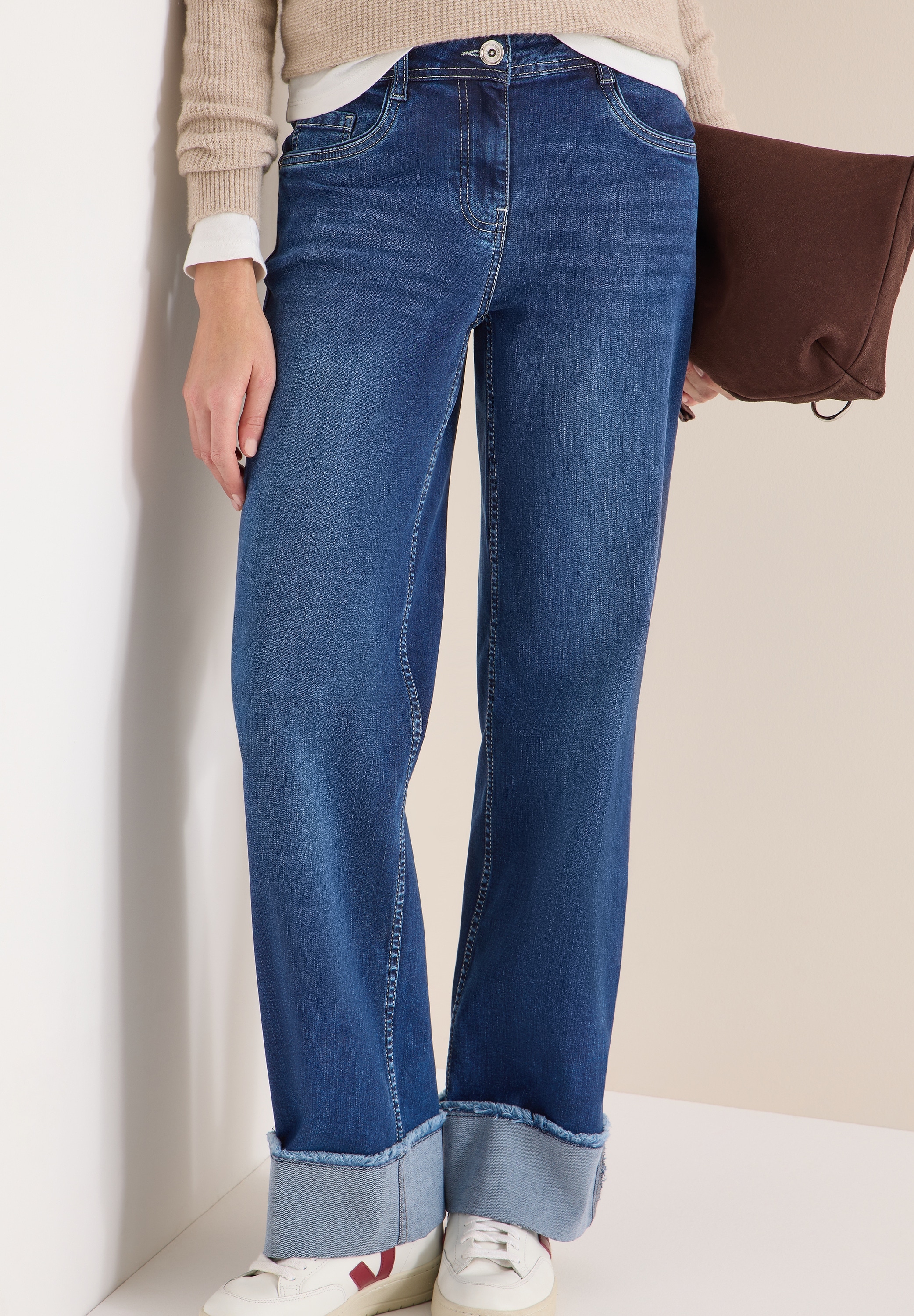 Image of Cecil 5-Pocket-Jeans "Style NEELE" Wide Leg Washed-Look Jeans mit Aufschlag