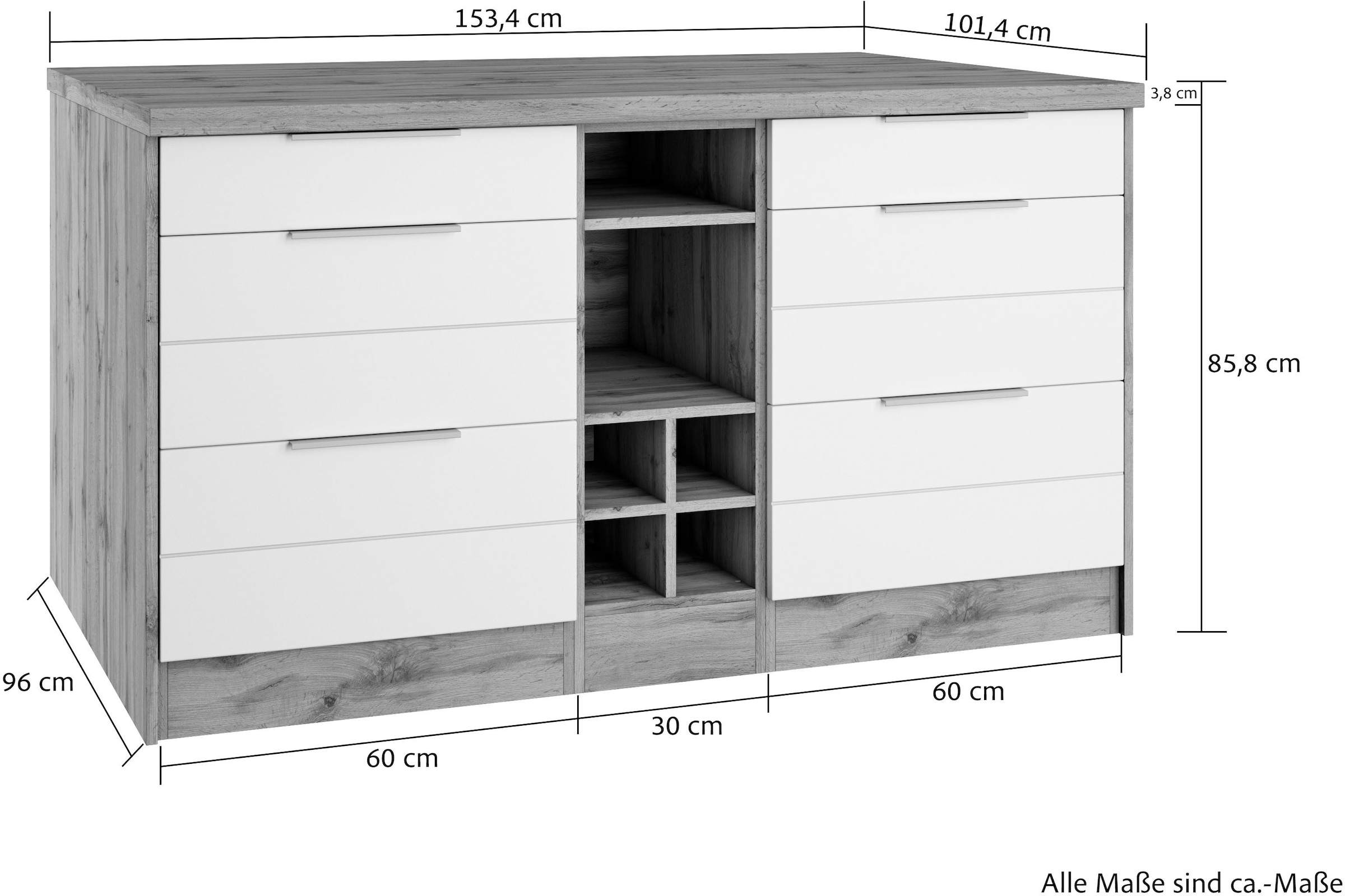 KOCHSTATION Kücheninsel »KS-Luhe, Breite 153 cm, mit Flaschenregal« MDF-Fronten, Arbeitsplatte 38mm stark