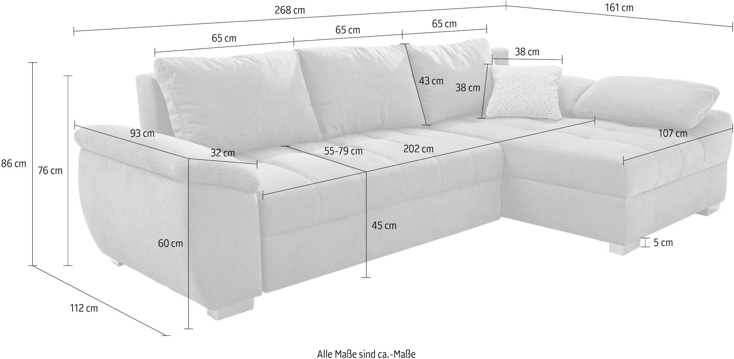 Jockenhöfer Gruppe Canapé d'angle »Alster L-Form, B: 268 cm« mit Bettfunktion, Bettkasten & Zierkissen