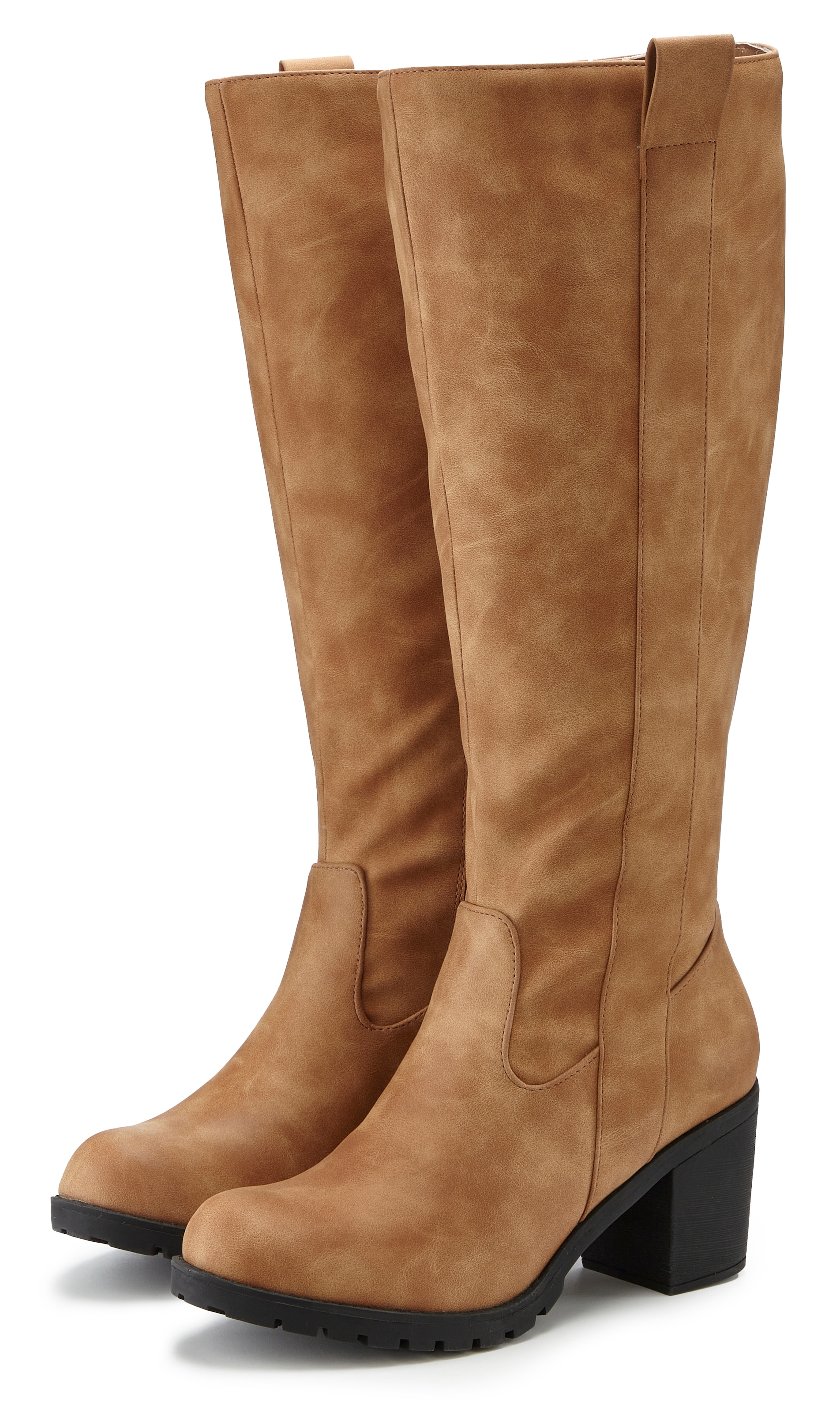 LASCANA Weitschaftstiefel, Stiefel, Stiefelette, langer Stiefel, Blockabsatz, Cowboy Stil VEGAN