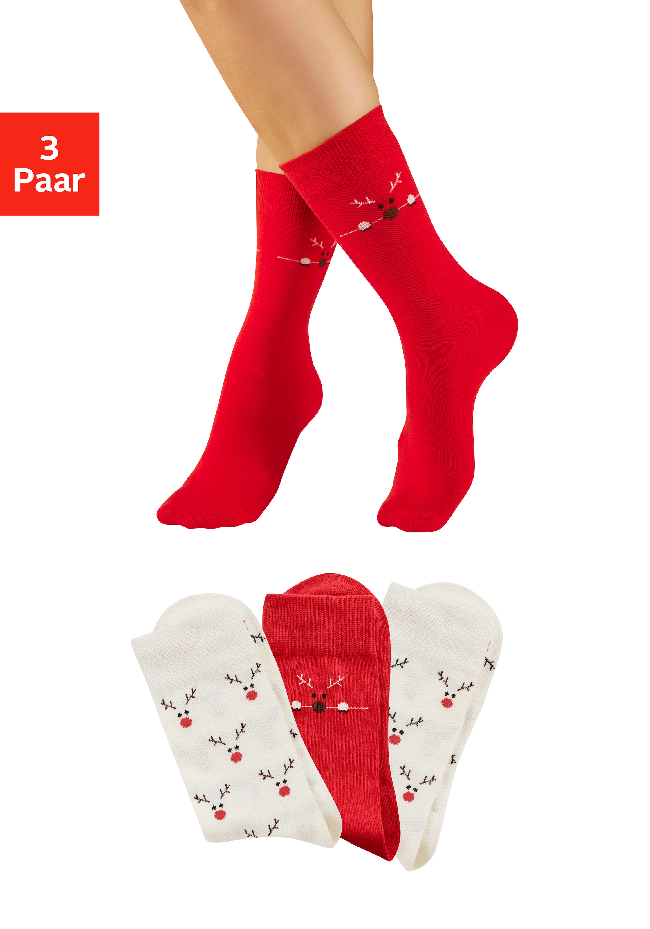 Image of LASCANA Freizeitsocken "Damen Weihnachtssocken" Packung, 3 Paar tlg. mit zwei unterschiedlichen Designs