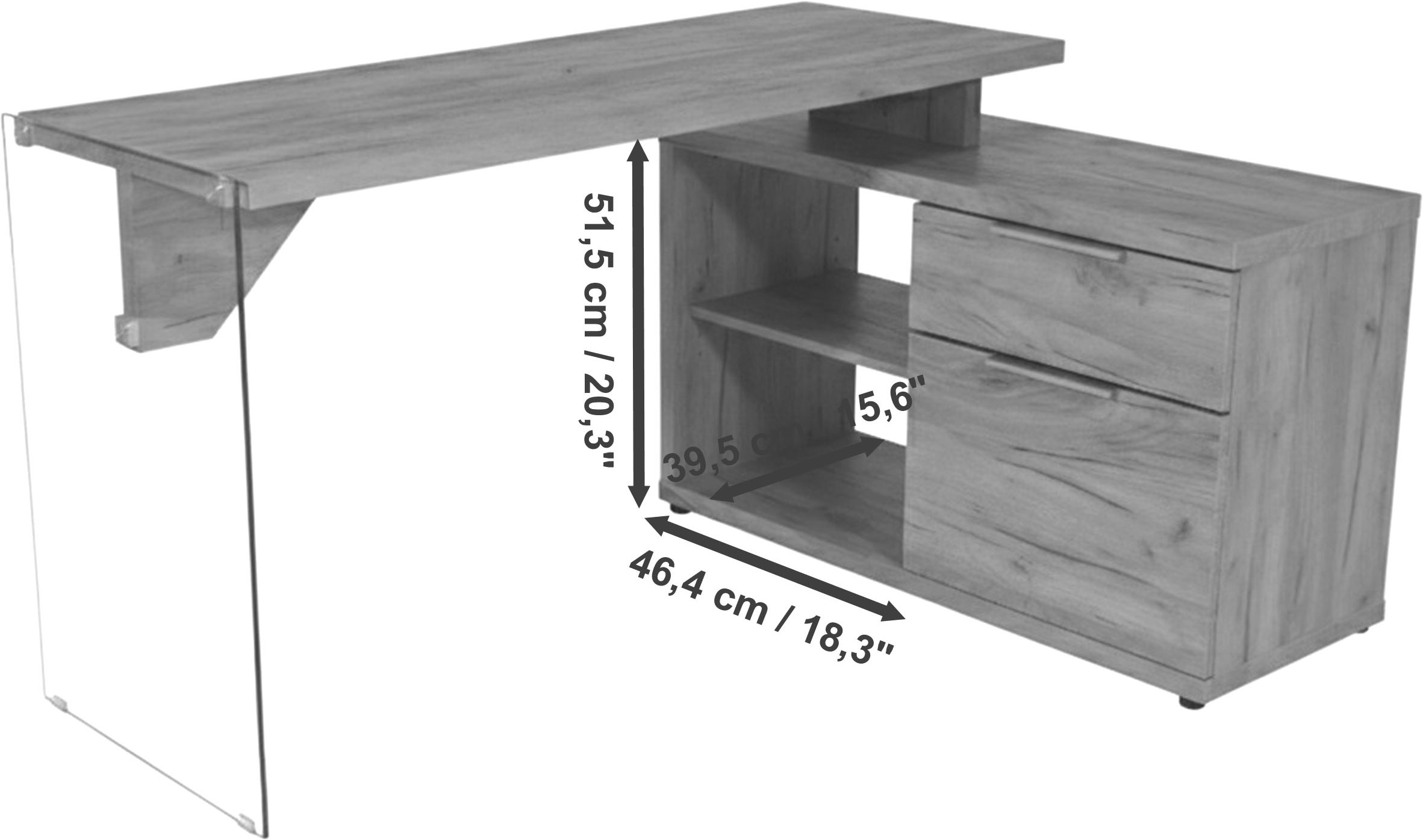 Jahnke Bureau d'angle »LUX C 135 E« bureau d'angle, montage réversible, verre, 1 tiroir et 2 compartiments