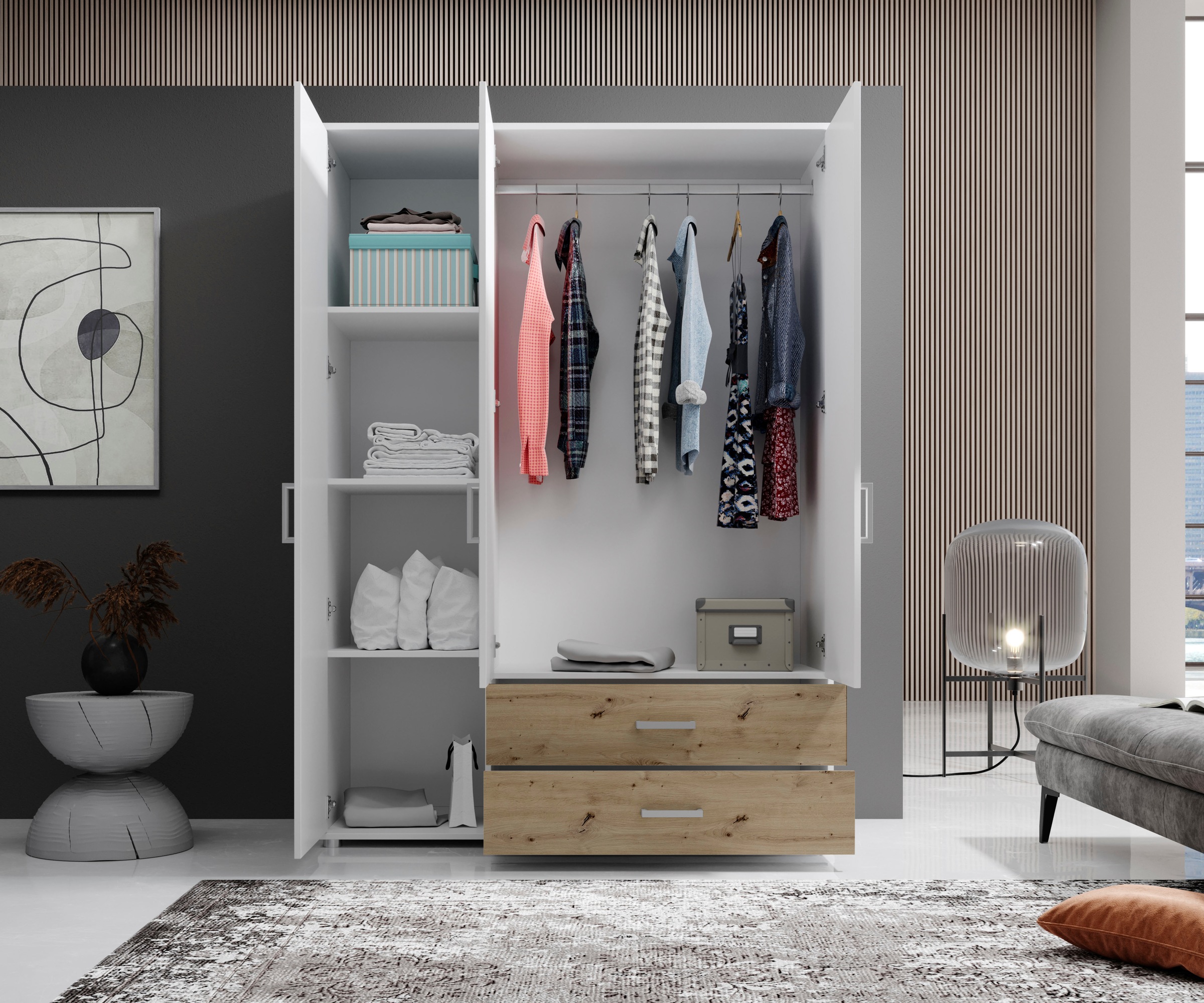 Schlafkontor Drehtürenschrank »Ivar Kleiderschrank mit Spiegel« inklusive 2 Spiegeltüren und 2 farblich abgesetzten Schubkästen