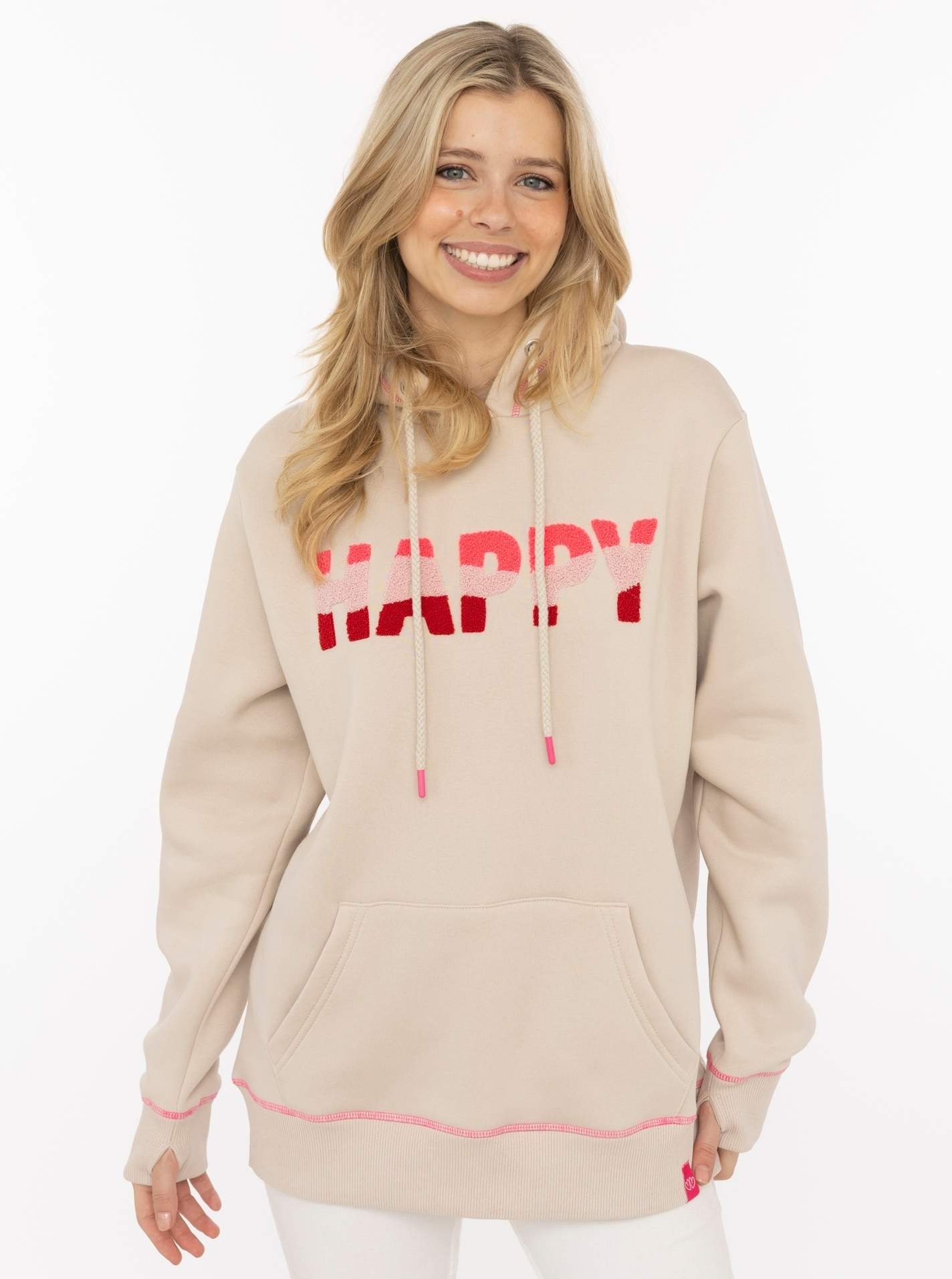 Image of Zwillingsherz Hoodie ""HAPPY"", bunter Schriftzug aus Frottee, Kapuze mit Kordel, Kängurutasche