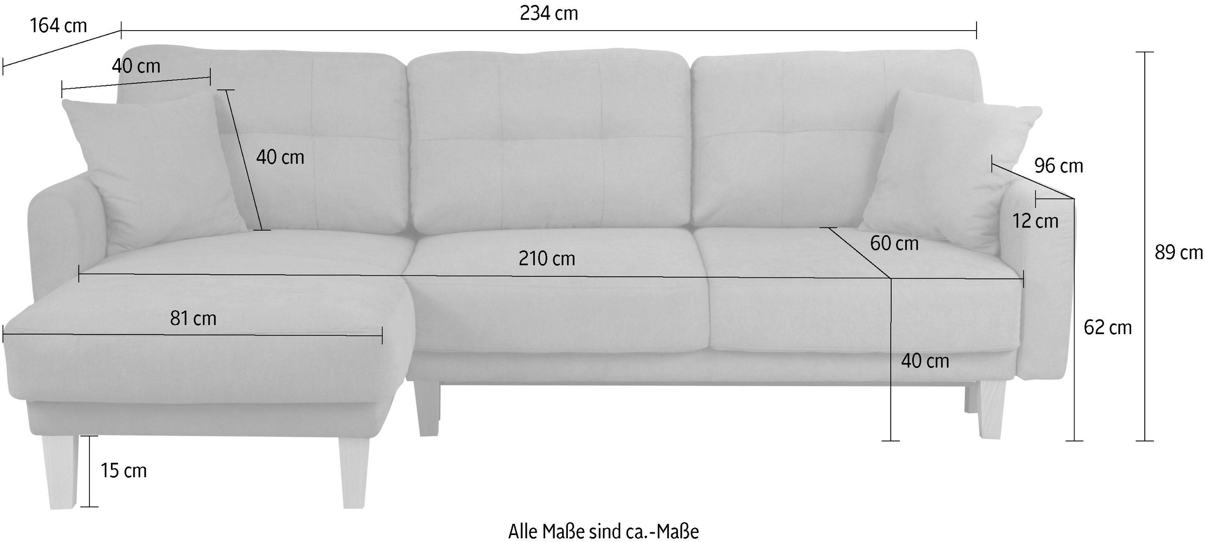 Home affaire Ecksofa »TRIPLO optionale Schlafsofa mit Bettkasten, Masse B/T/H: 234/164/89 cm«, L-Form wahlweise mit Bettfunktion - Liegefläche 132x210 cm