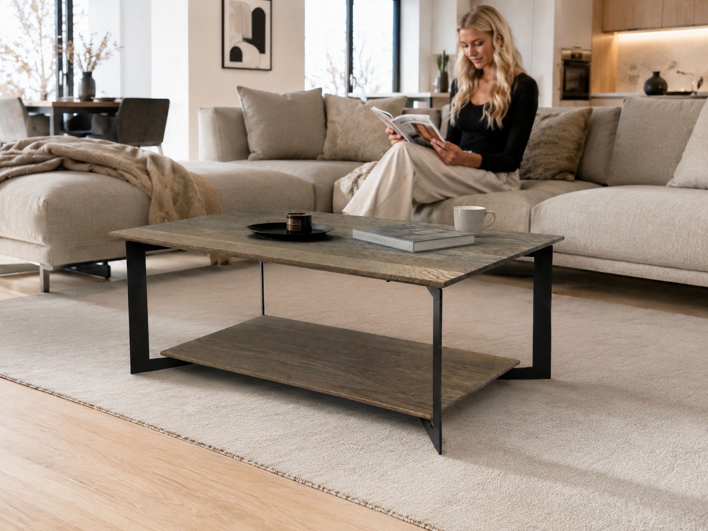 GOODproduct Couchtisch »Arvid, Wohnzimmertisch, Sofatisch, Beistelltisch, Kaffeetisch« Wildeiche geölt Natur/Smoke, Schweizer Kante, Metallgestell