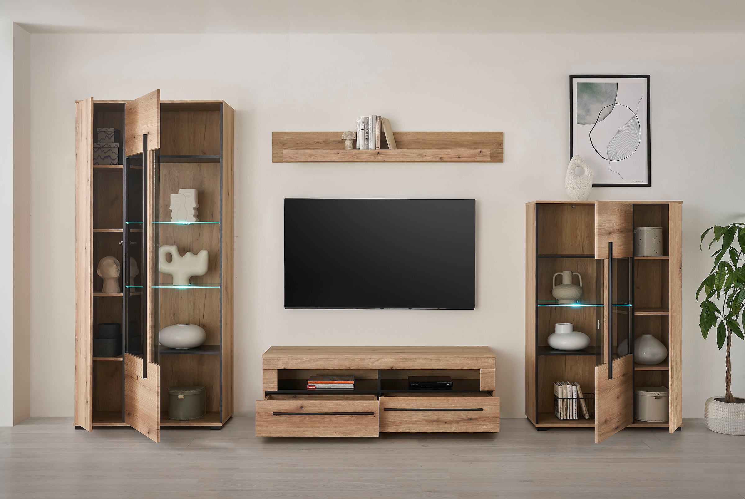 INOSIGN Wohnwand »Cantara, moderne Anbauwand, Wohnzimmer-Set, in Eiche Evoke oder Weiss«, (Set), enthält zwei Vitrinen, ein Lowboard und ein Wandboard