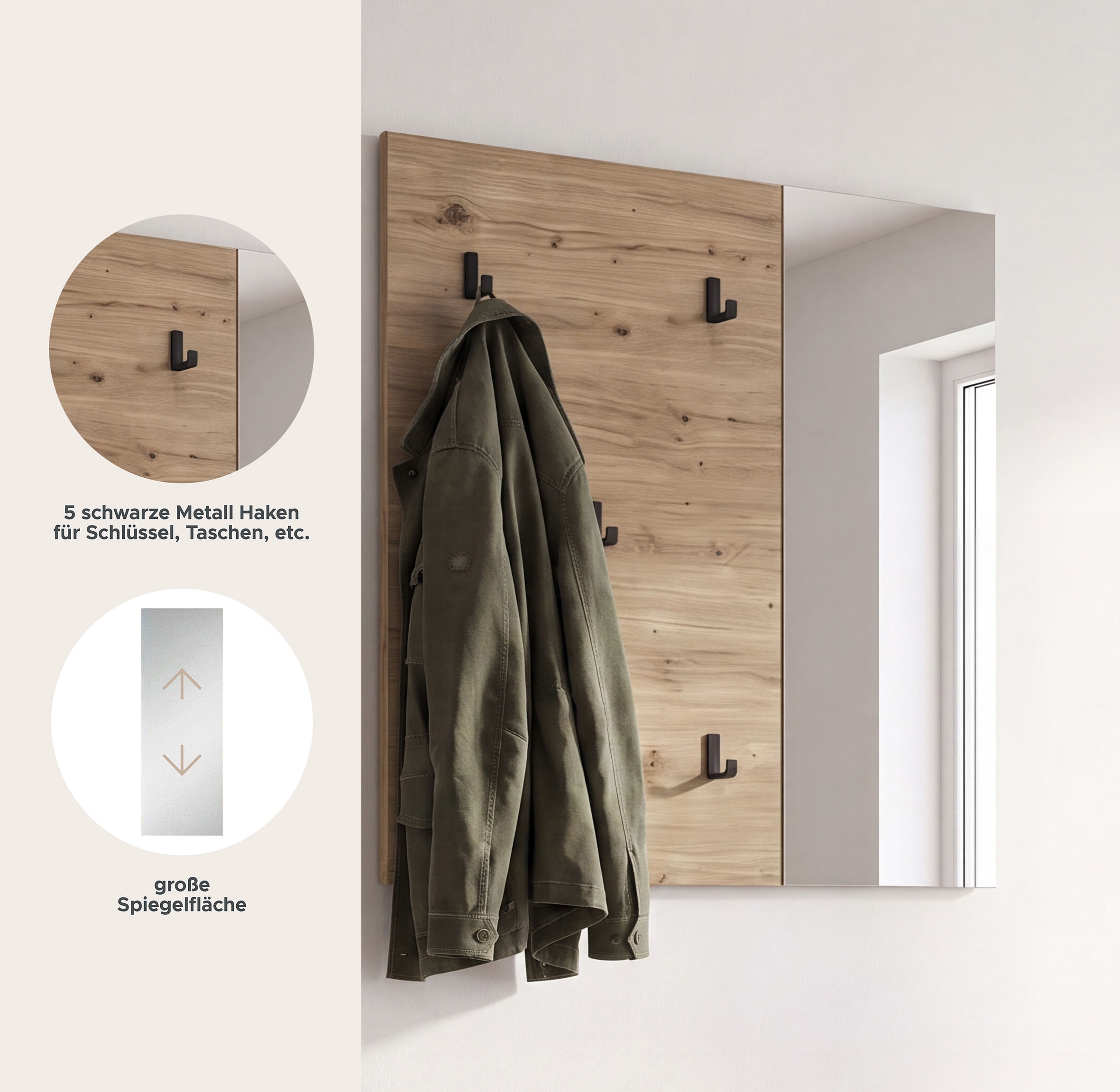 GOODproduct Garderobenpaneel »FJELL, Breite 80cm, 5 Haken, Spiegel«