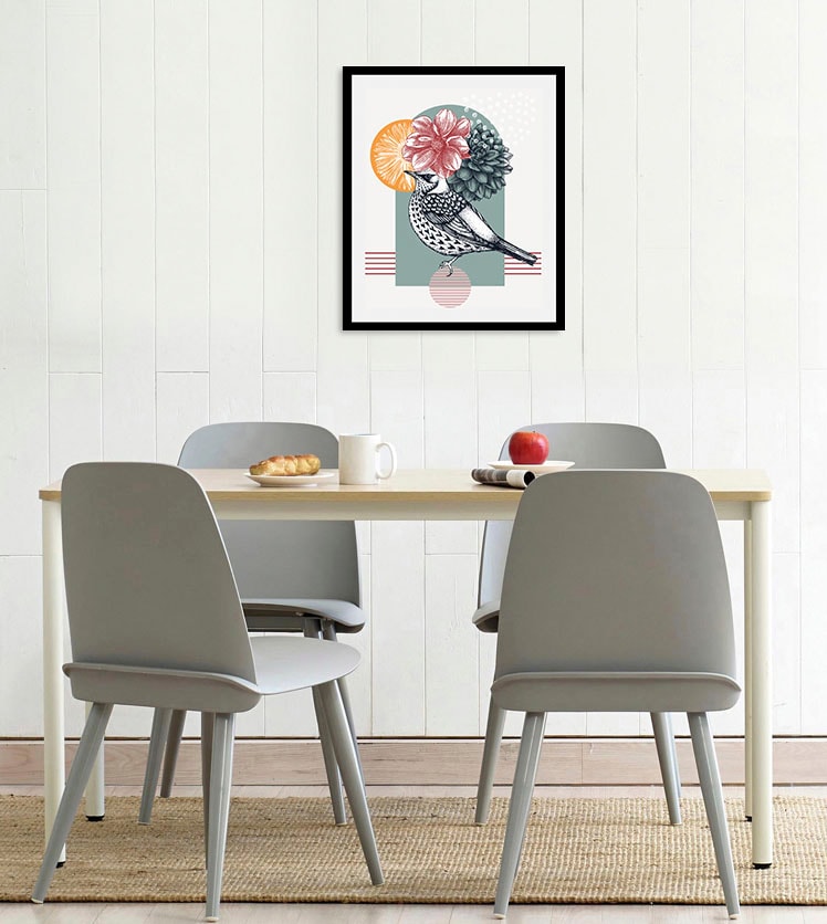 queence Bild »Bunter Vogel«, Vögel-Vogelbilder-Blumen-Blumenbilder-Abstrakt-Pflanzen-Pflanzenbilder, (1 St.), HD Premium Poster-Druck inkl. Holzrahmen
