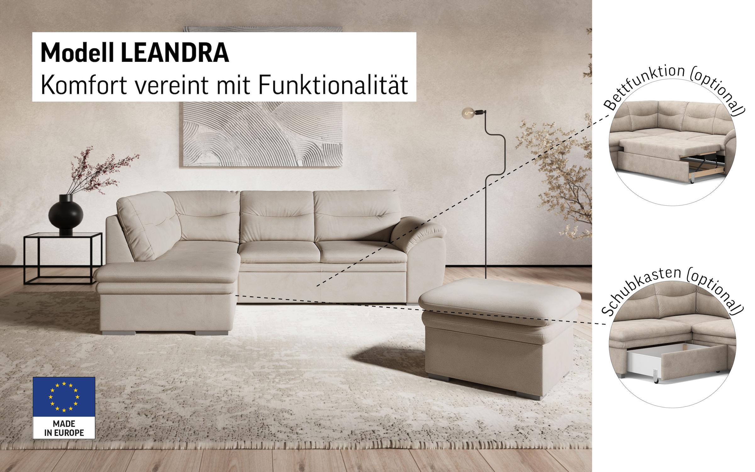 COTTA Canapé d'angle »Leandra L-Form« wahlweise mit Bettfunktion & Bettkasten