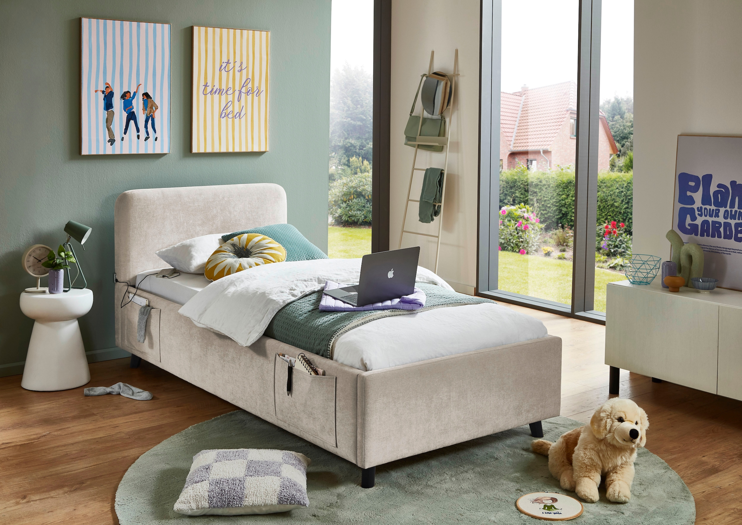 meise.möbel Kinderbett »COSY in de Breiten 90, 120 & 140 erhältlich, wahlweise mit Bettkasten« wahlweise mit Holzfuss in schwarz oder eiche, inkl. USB-Anschluss