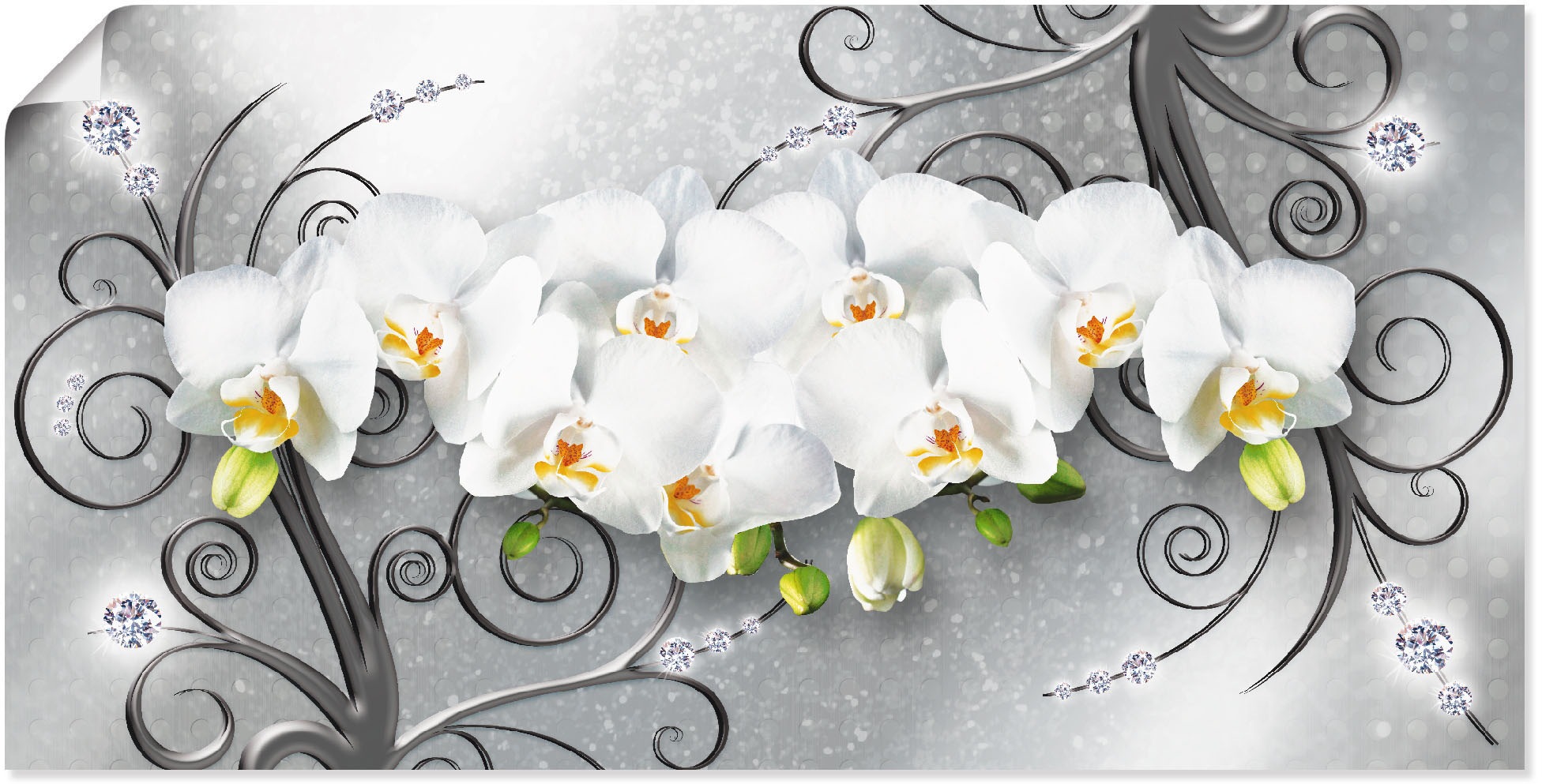 Image of Artland Wandbild »weisse Orchideen auf Ornamenten«, Blumenbilder, (1 St.), in vielen Grössen & Produktarten - Alubild / Outdoorbild für den Aussenbereich, Leinwandbild, Poster, Wandaufkleber / Wandtattoo auch für Badezimmer geeignet bei Ackermann Versand 