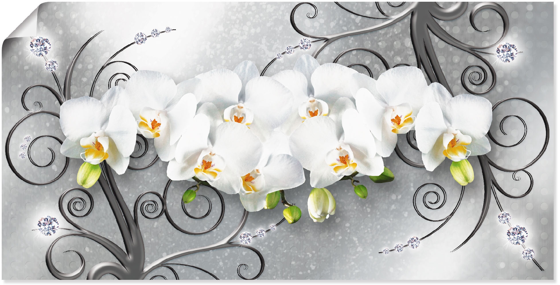 Image of Artland Wandbild "weisse Orchideen auf Ornamenten" Blumenbilder 1 Stk. tlg. als Alubild, Leinwandbild, Poster in verschied. Grössen